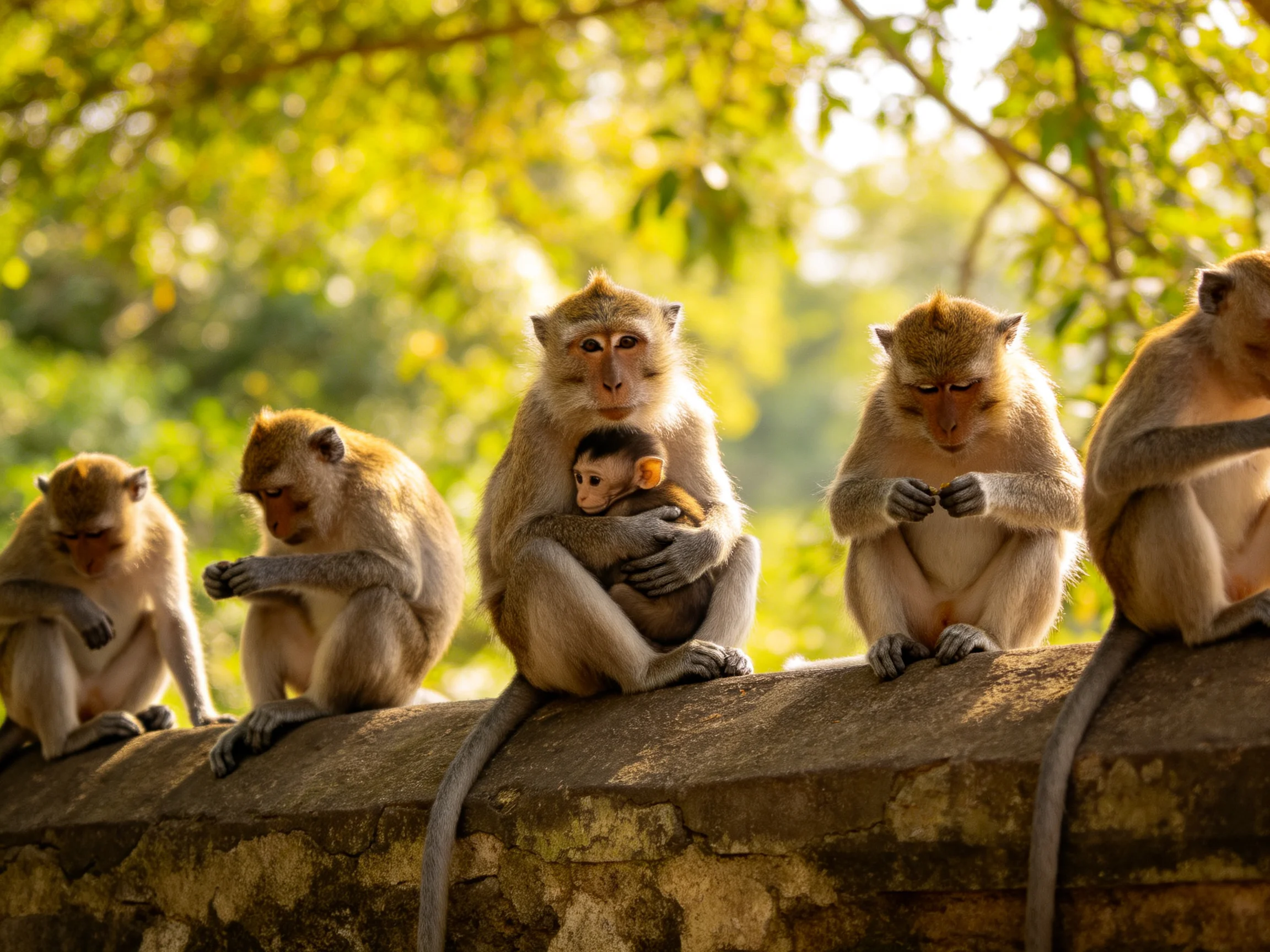 Five monkeys of varied shades sit on an aged stone ledge amid green foliage