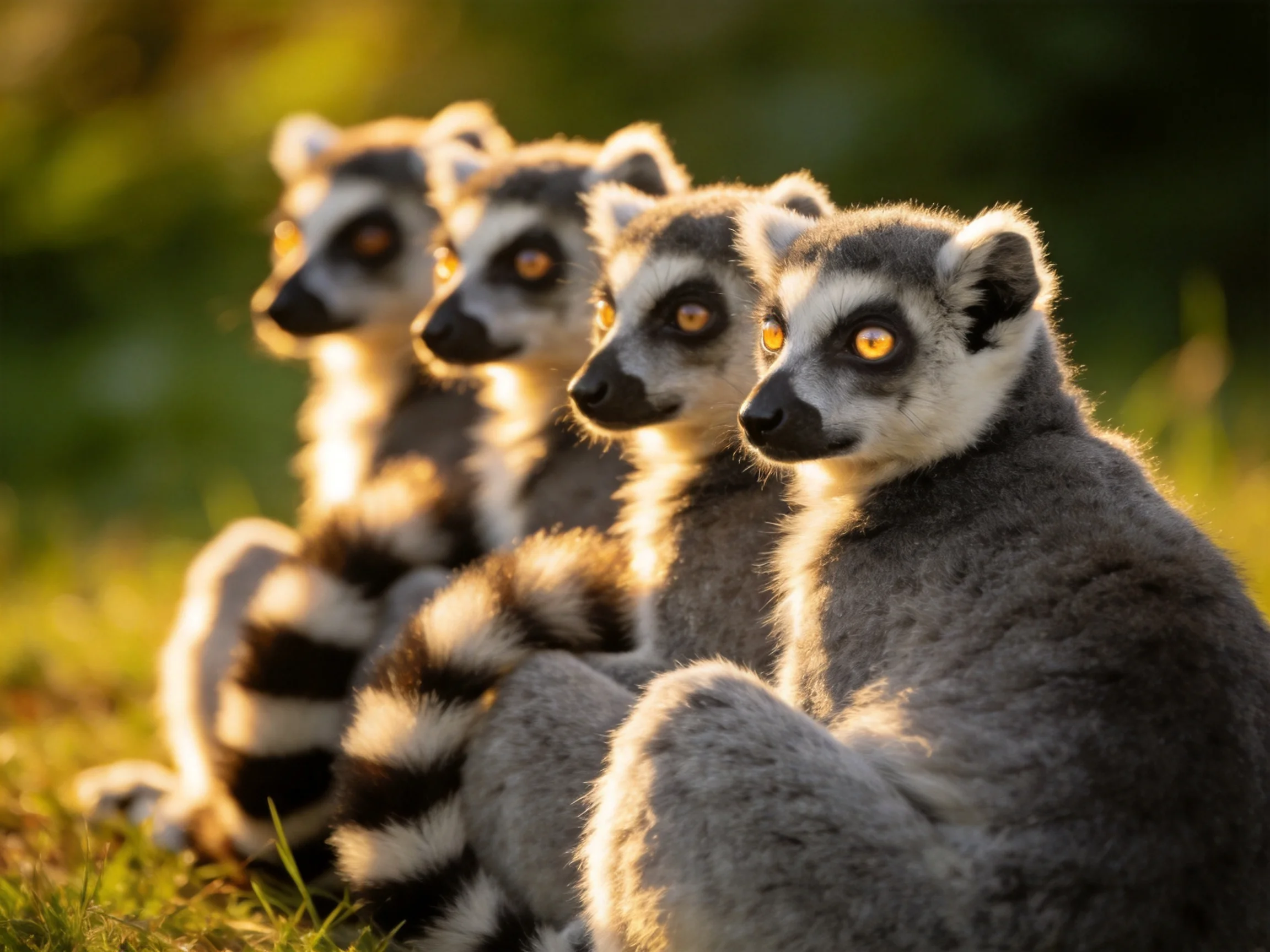 Five ring-tailed lemurs sit together in golden sunlight