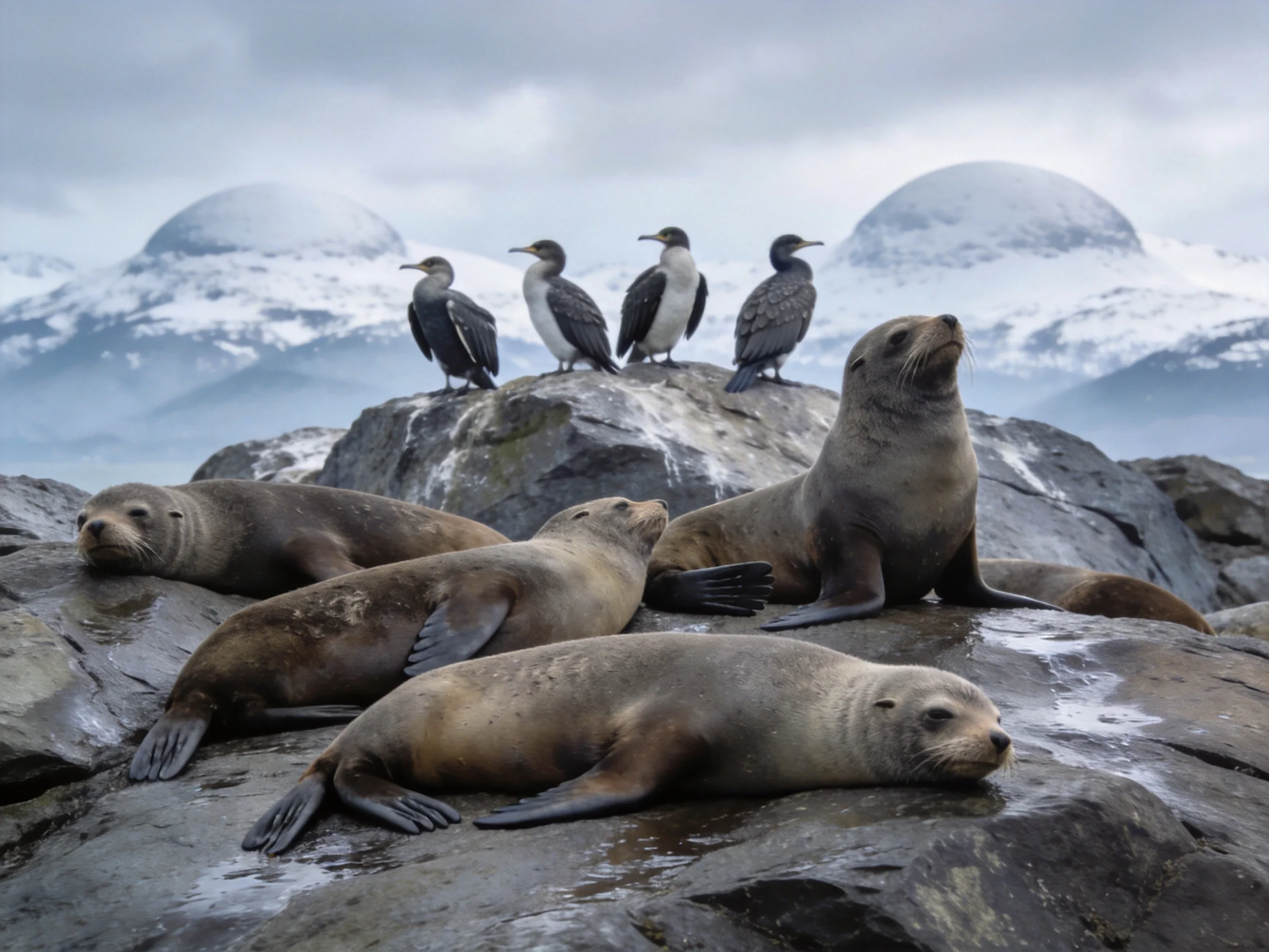 Five sea lions rest on rocky terrain alongside four seabirds with snow-capped mountains