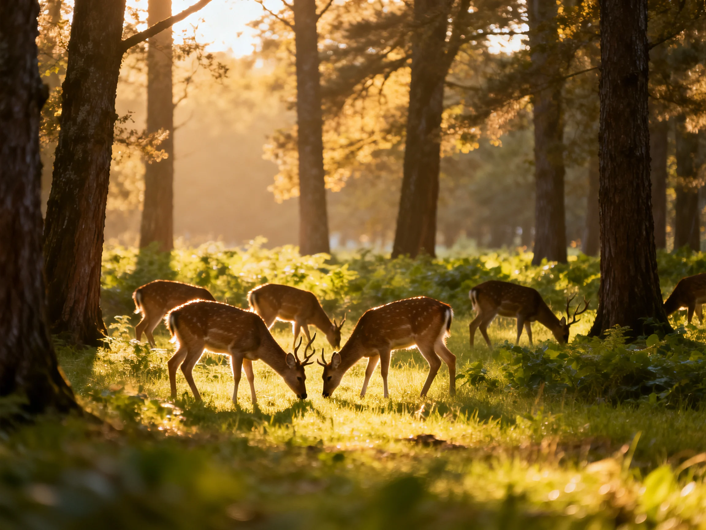 Deer graze in a sunlit forest glade with tall trees.