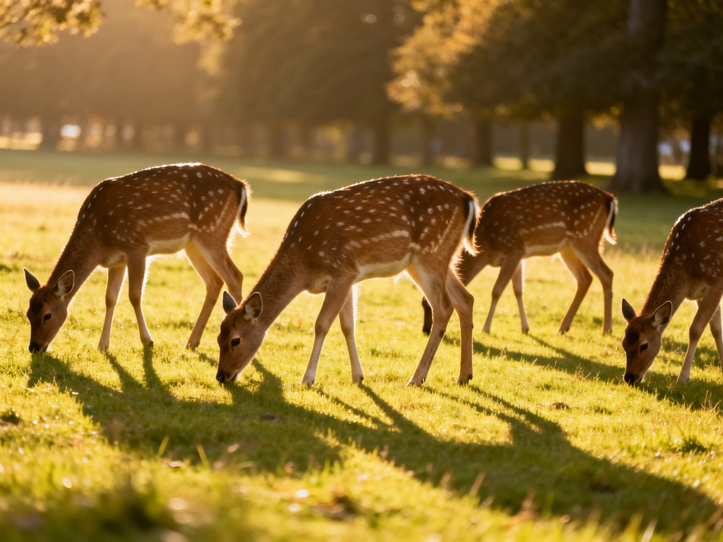 Five deer graze in a sunlit meadow near tall trees.