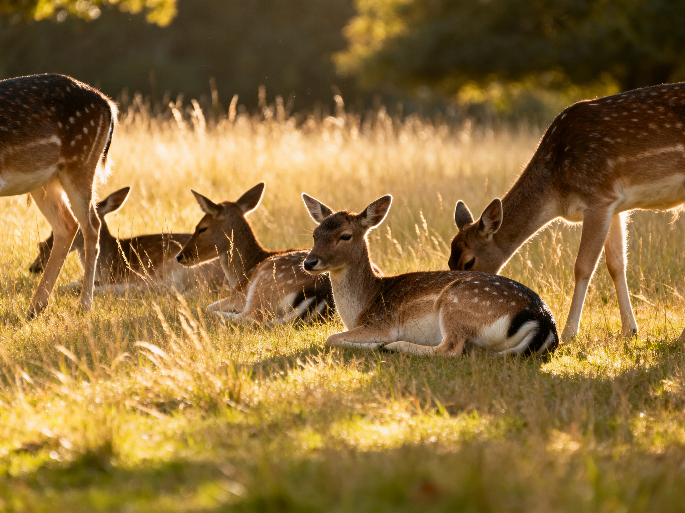 Five spotted deer rest and graze in a sunlit grassy area.