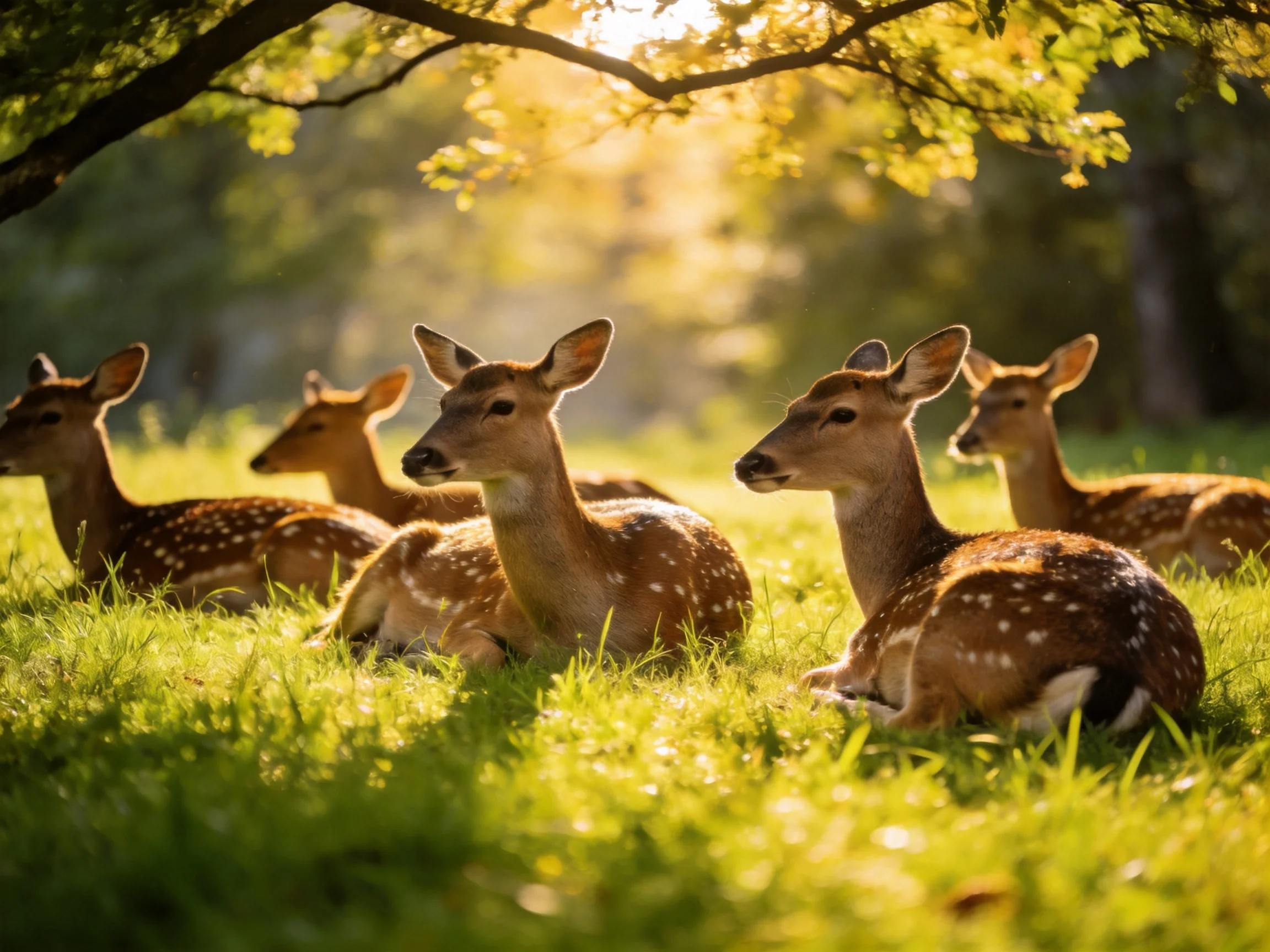 Five spotted deer rest in sun-dappled green meadow