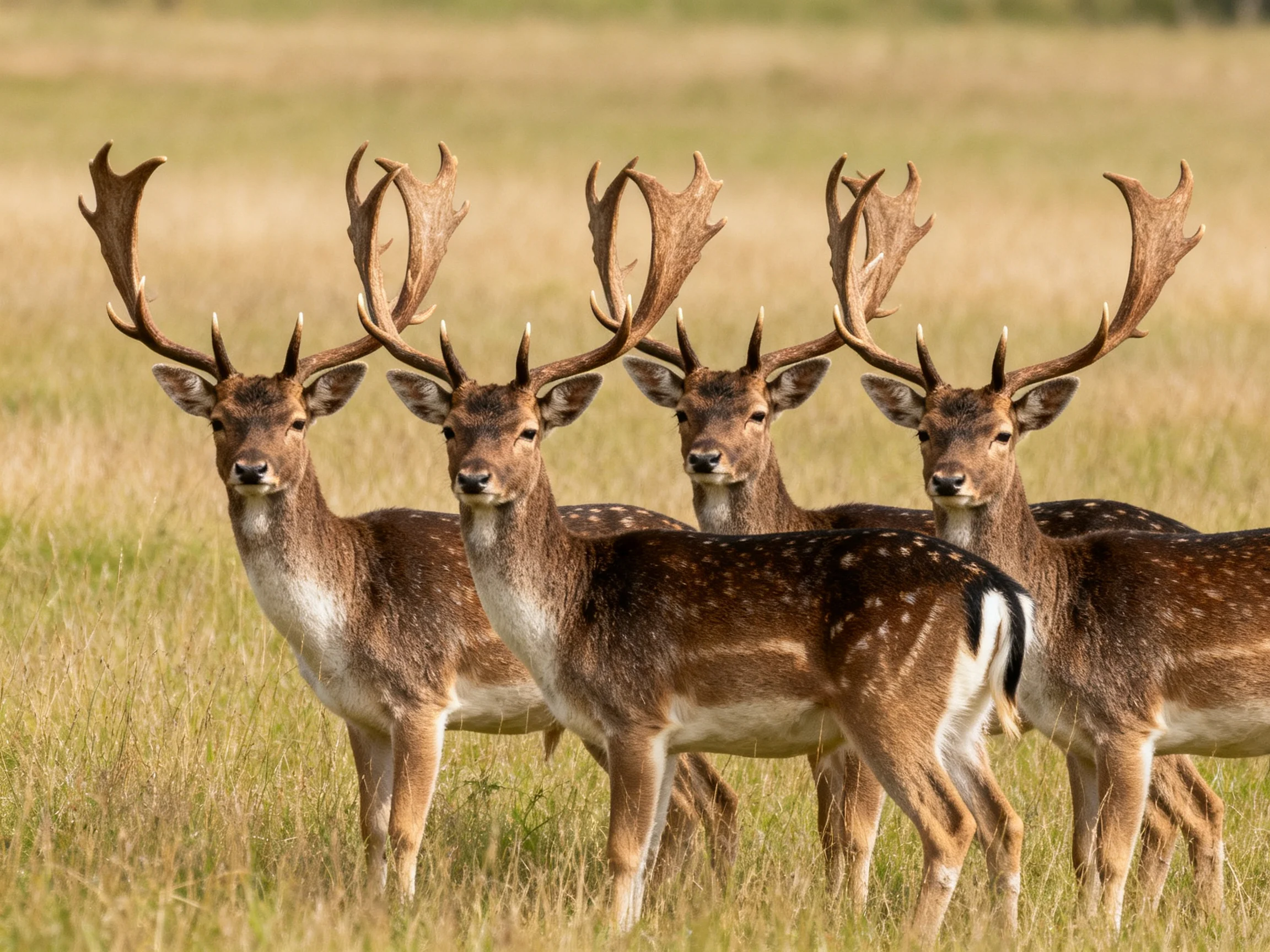 Five deer with large antlers gather in a sunlit grassy field.