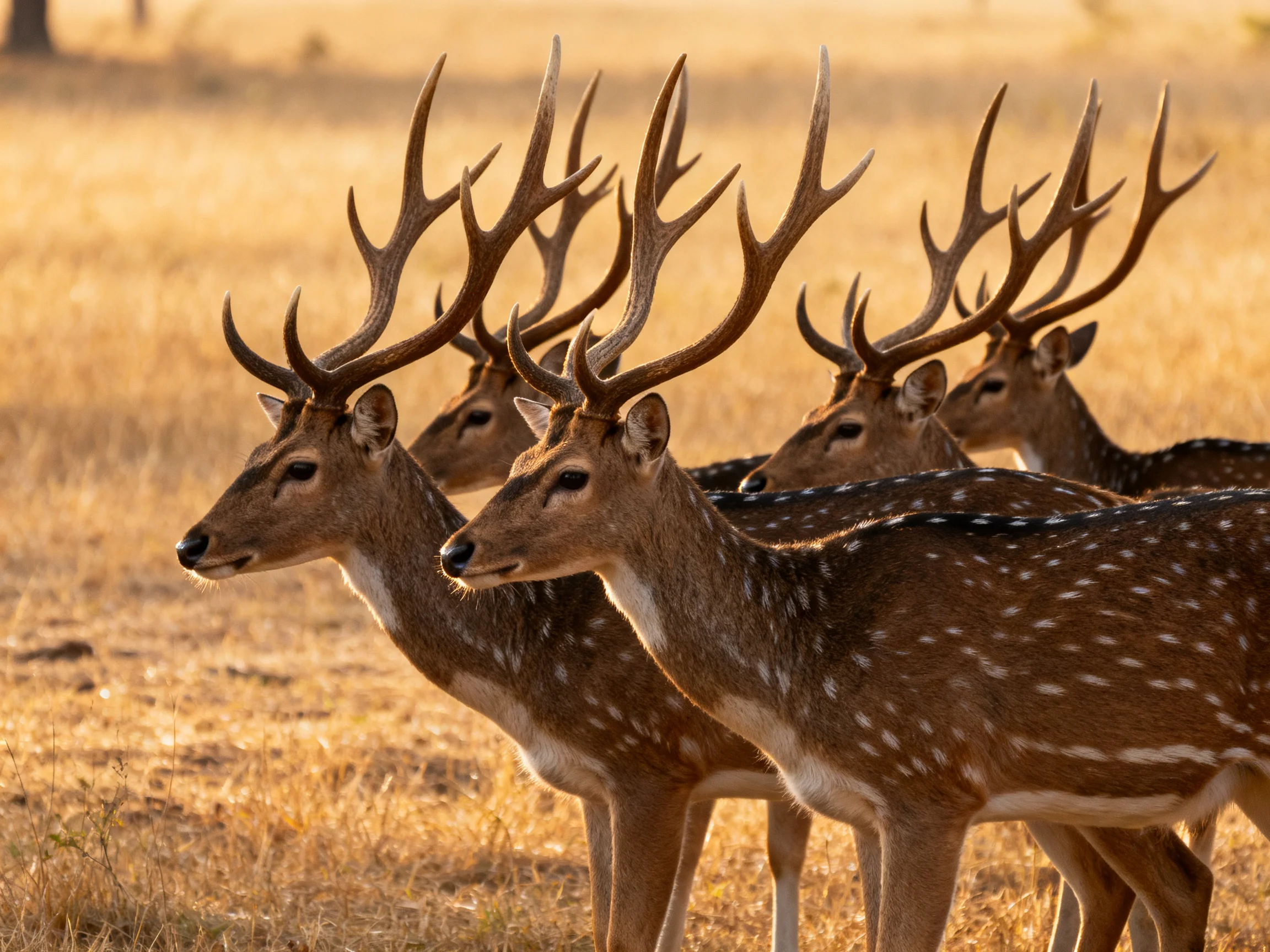 A group of spotted deer gathers in a sunlit grassy landscape.