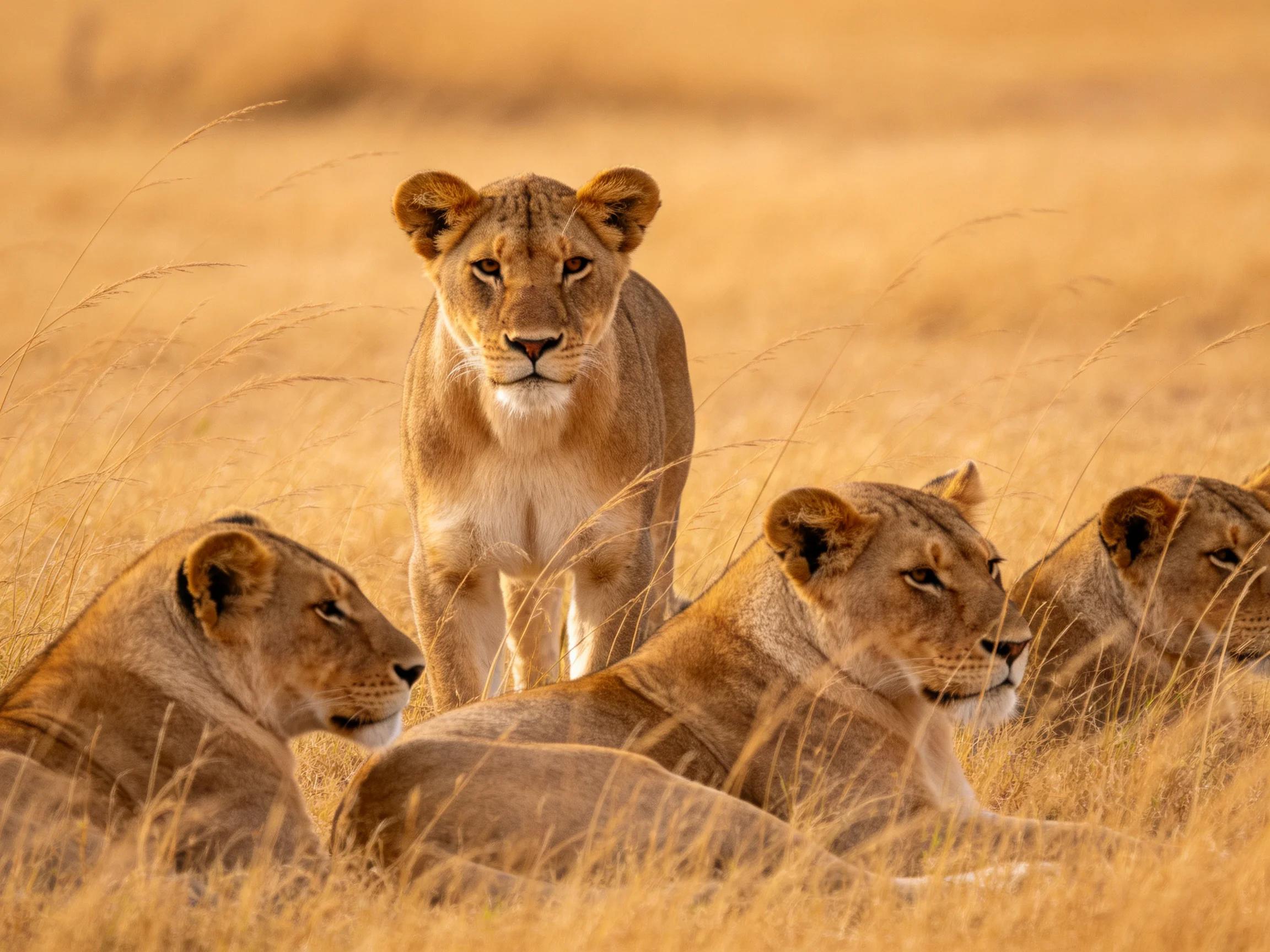 Five tawny lionesses in sunlit golden savannah
