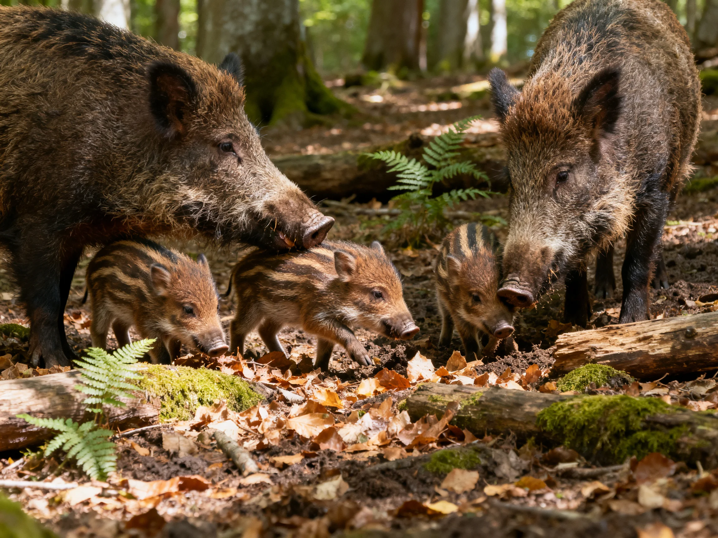 Five wild boars, including piglets, in a sunlit forest setting