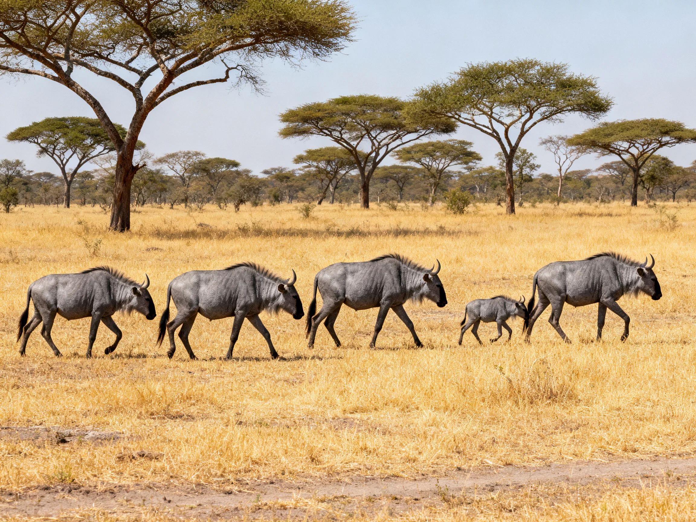 Five wildebeests and a calf move through golden savannah with acacia trees