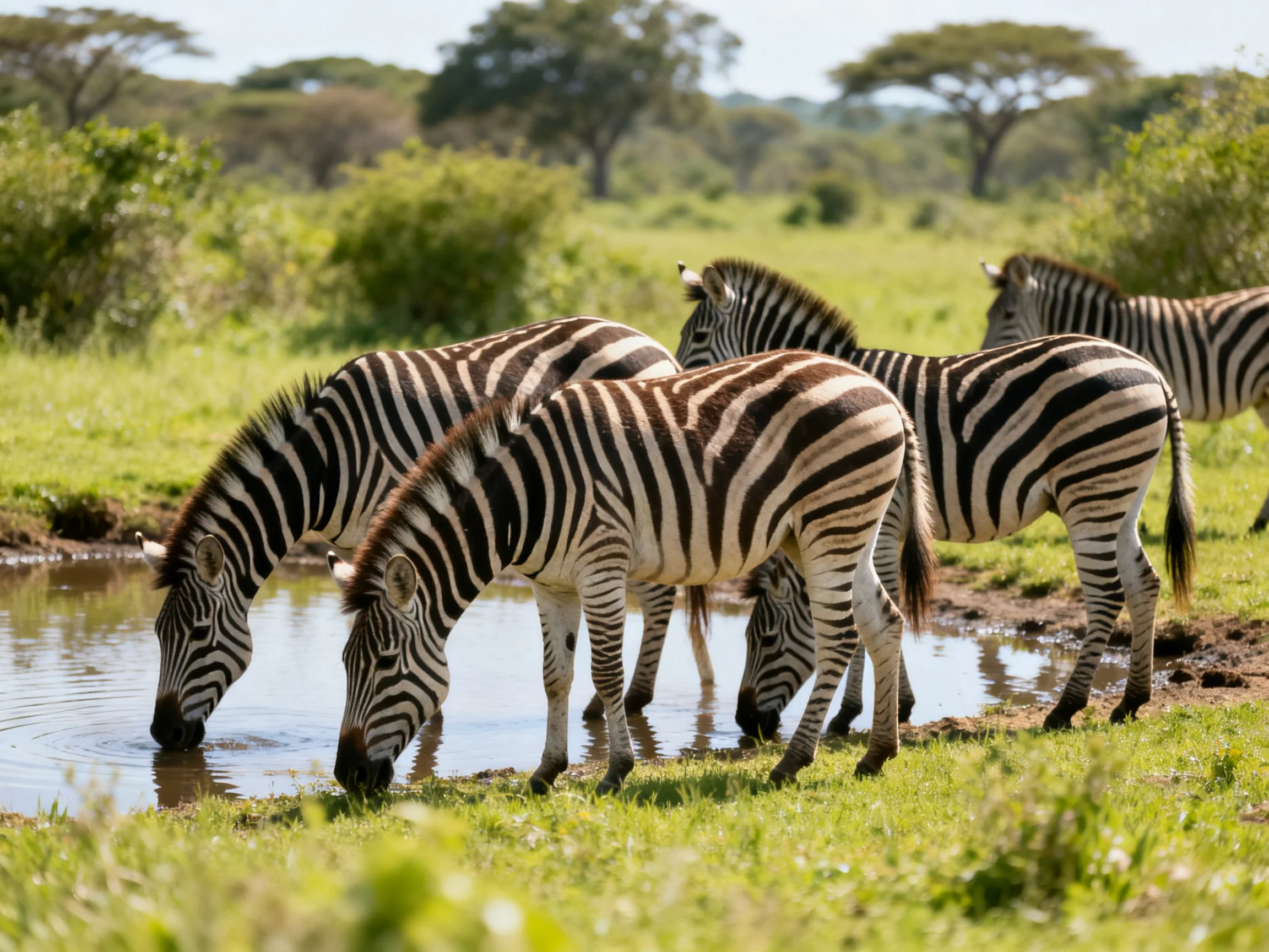 Five zebras drink from a small pond in a lush savannah landscape
