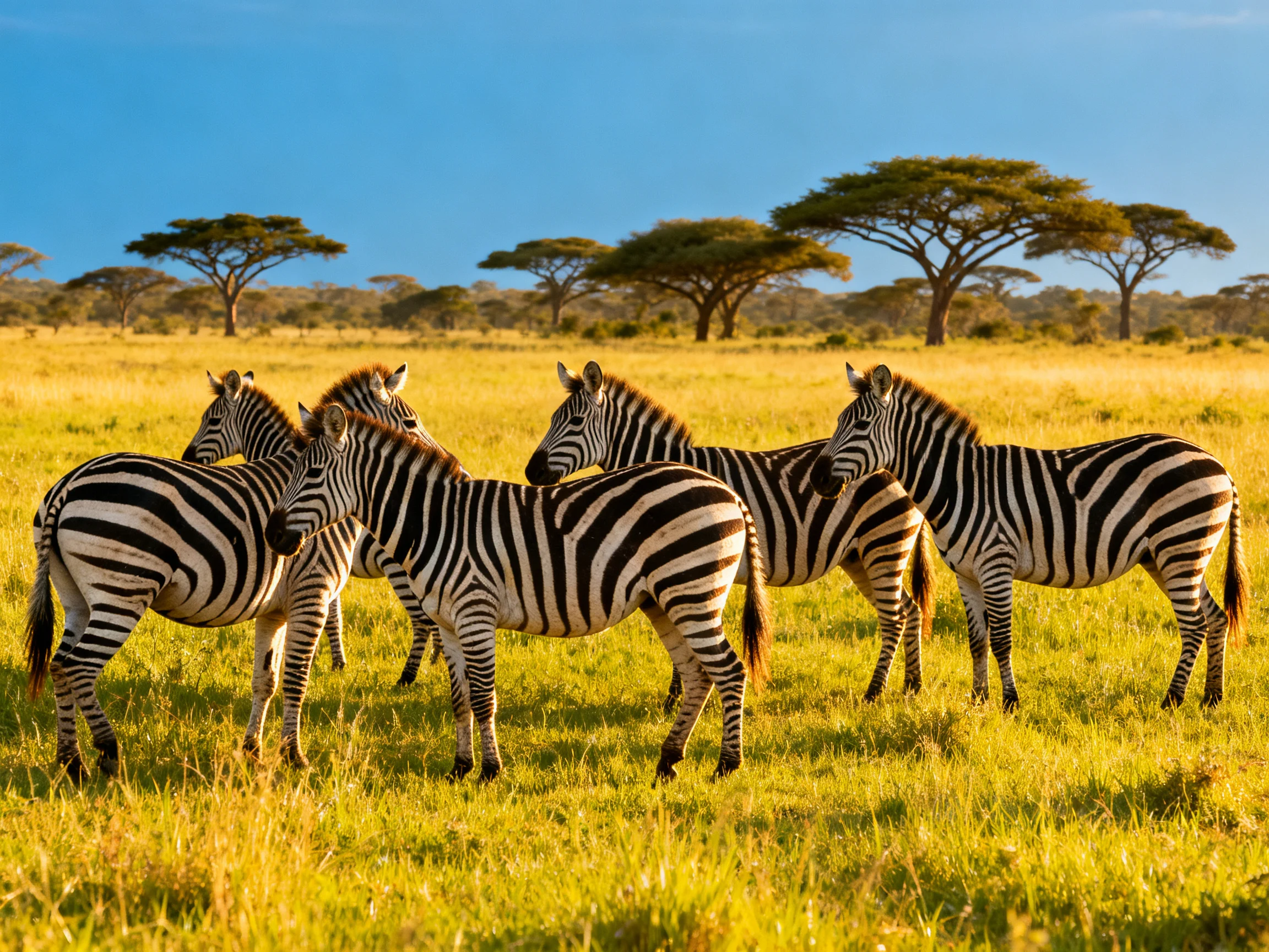 Zebras congregate in a sunlit savannah landscape.