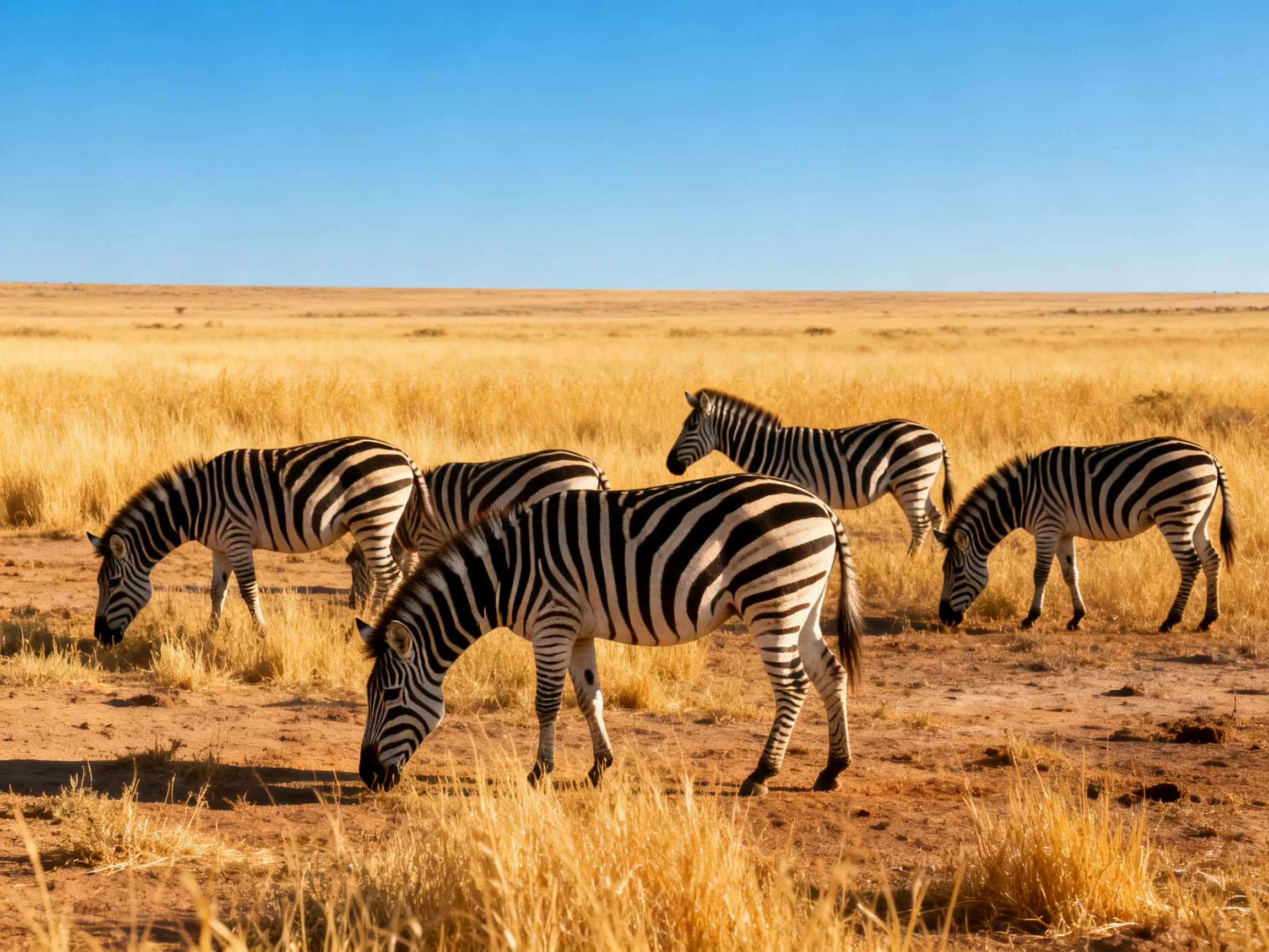 Five zebras graze in a golden savannah under a clear blue sky