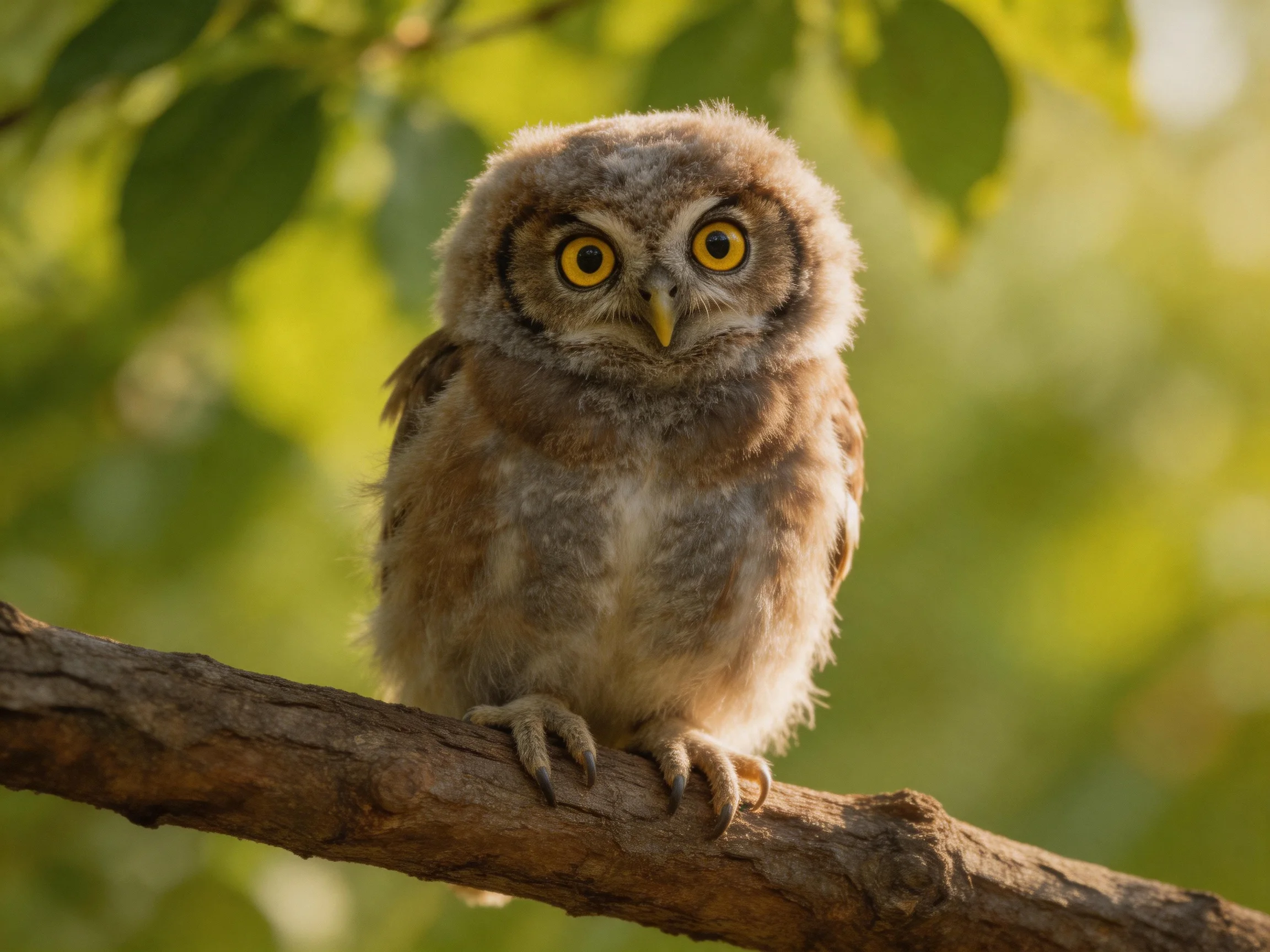 A small owl withlarge yellow eyes sits on a branch among green foliage.