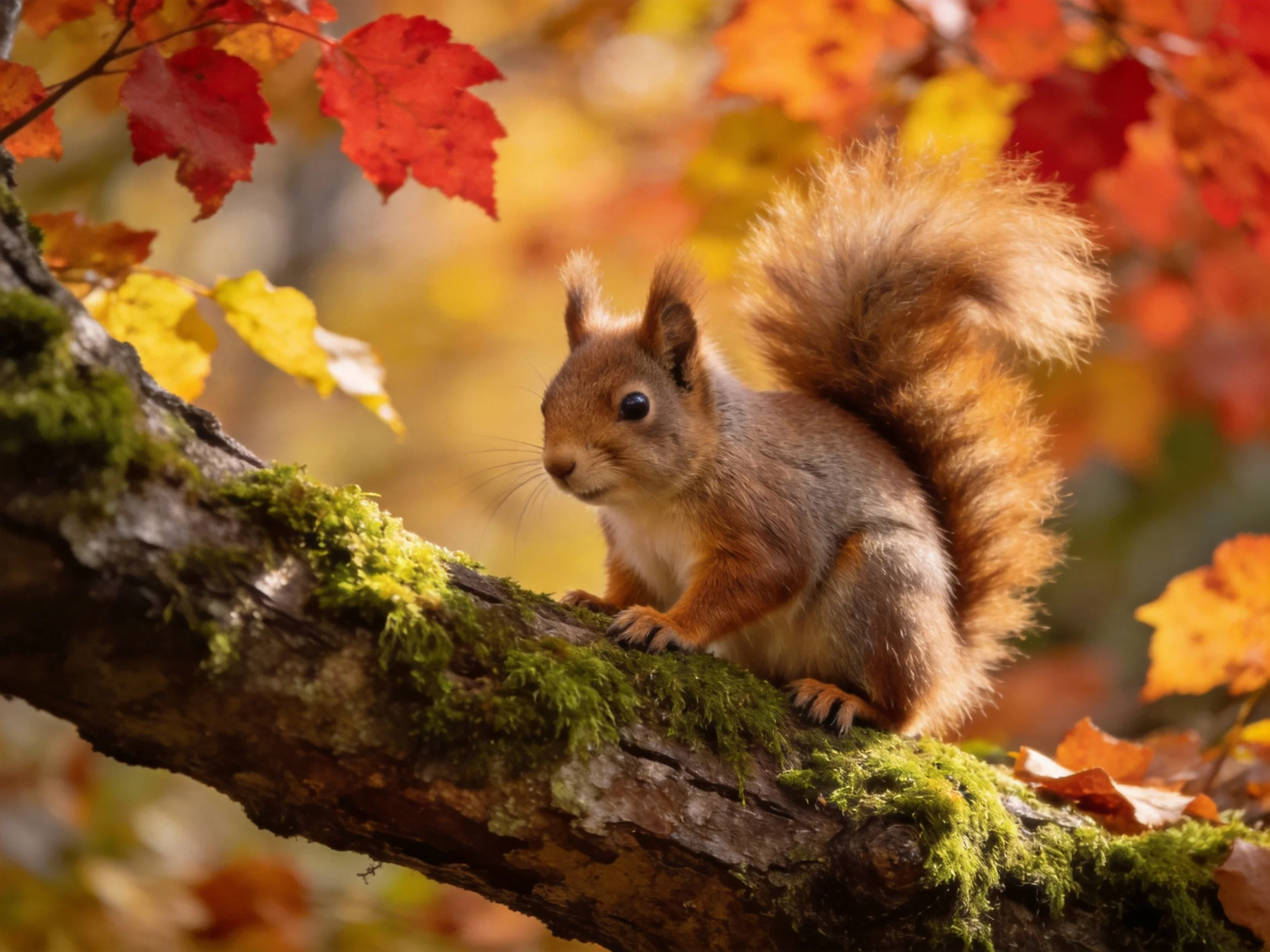Fluffy brown squirrel perched on moss-covered tree branch amid vibrant fall foliage
