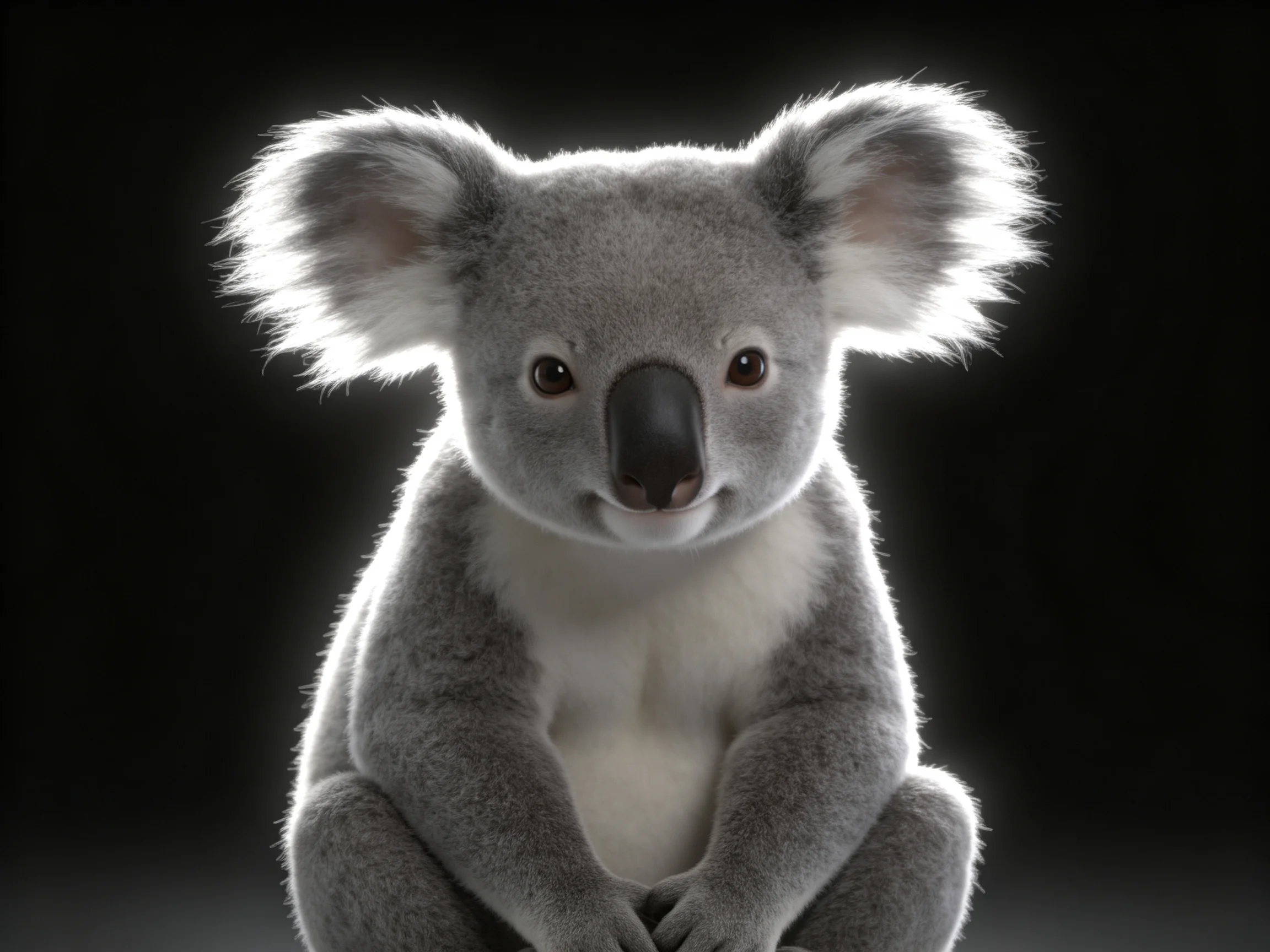 A fluffy gray koala sits calmly against a dark background.
