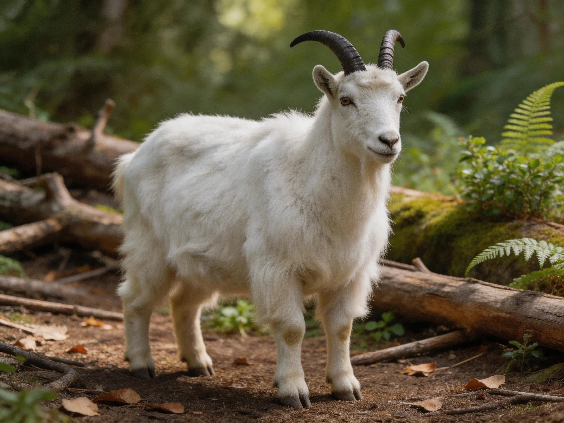 A white goat stands among mossy logs and ferns in a forest.