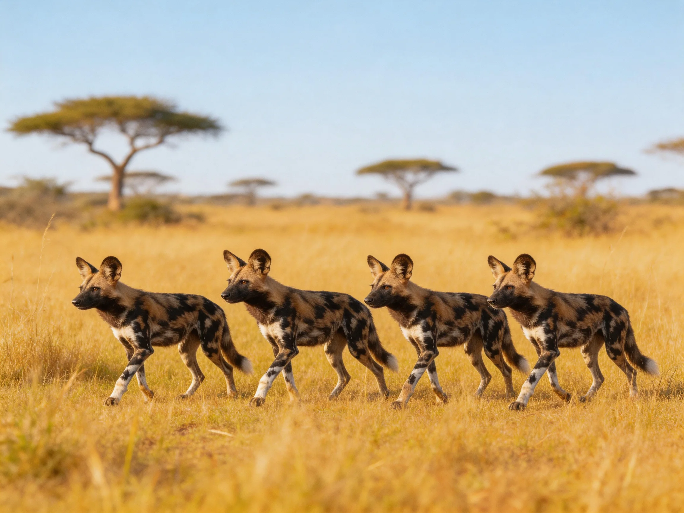 Four African wild dogs traverse a golden savannah landscape
