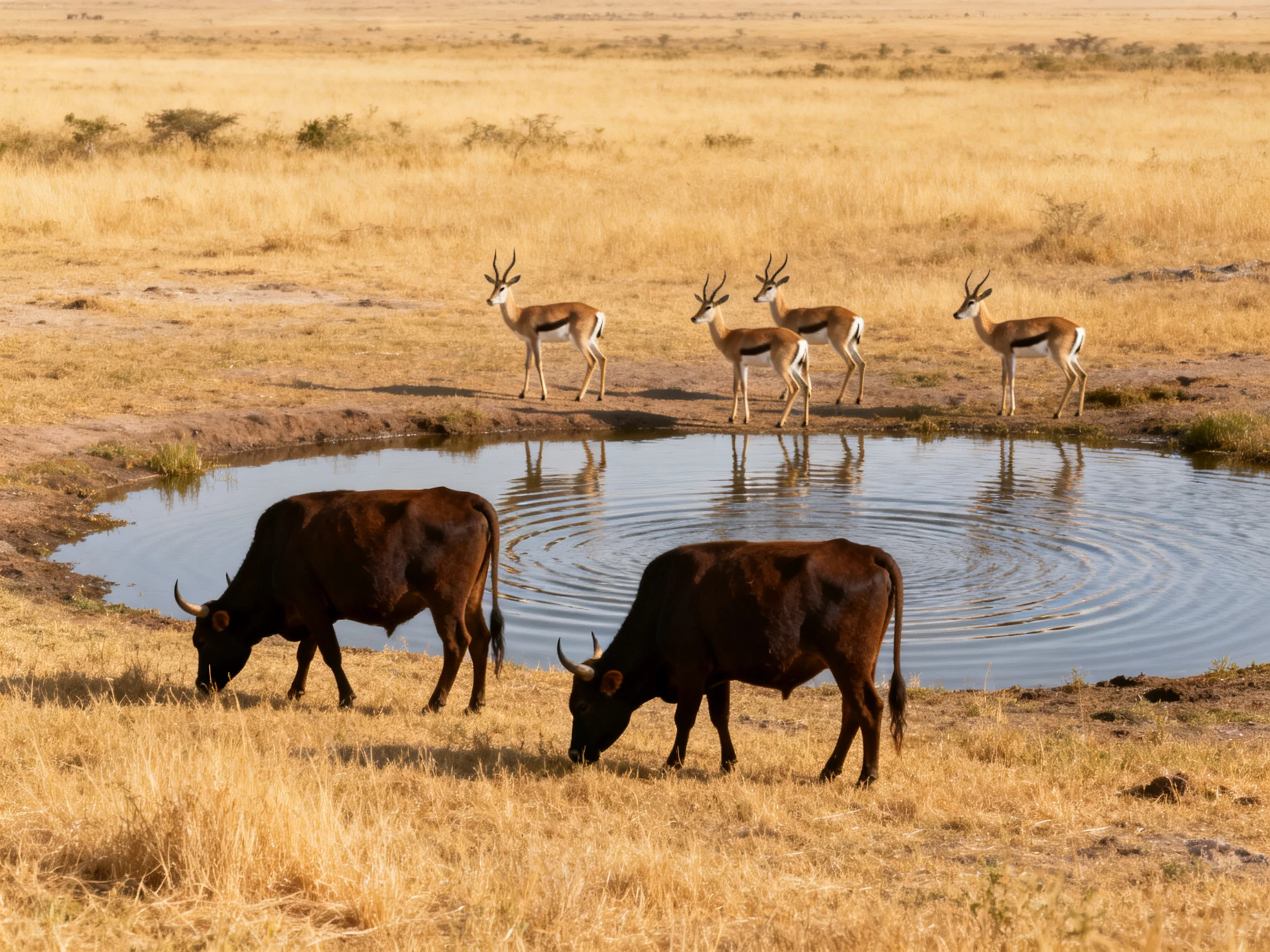 Four antelopes and two cattle near a water hole in golden savannah