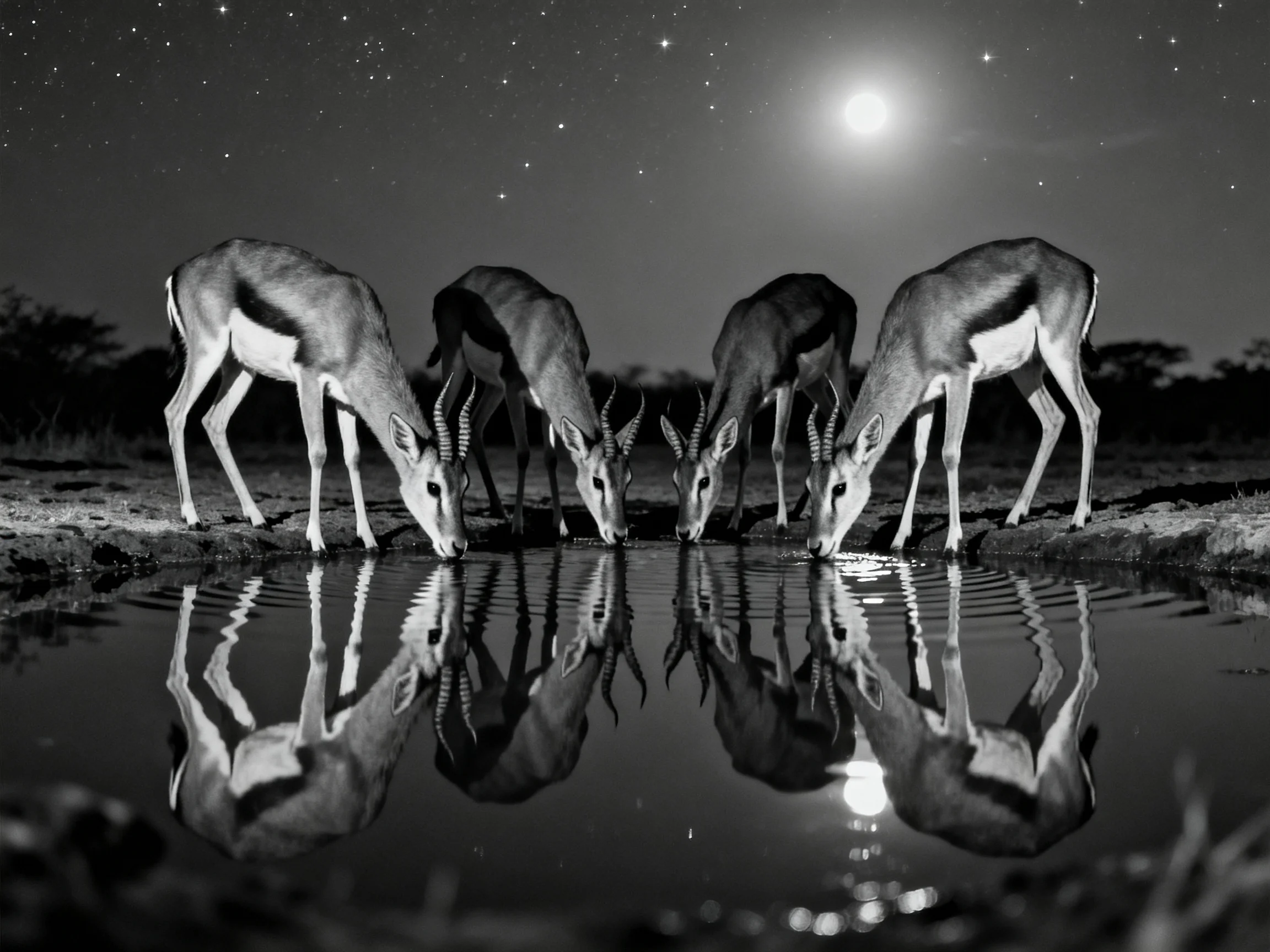 Four antelopes drink from a watering hole under a starry night sky
