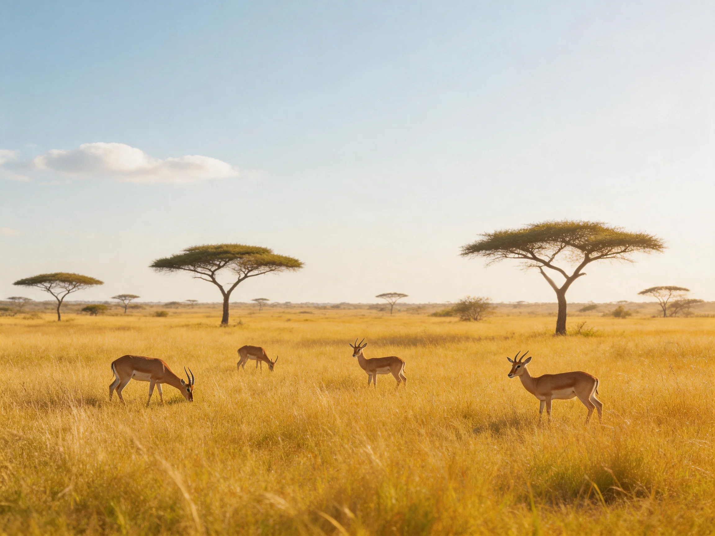 Four antelopes graze amid golden savannah and scattered acacia trees