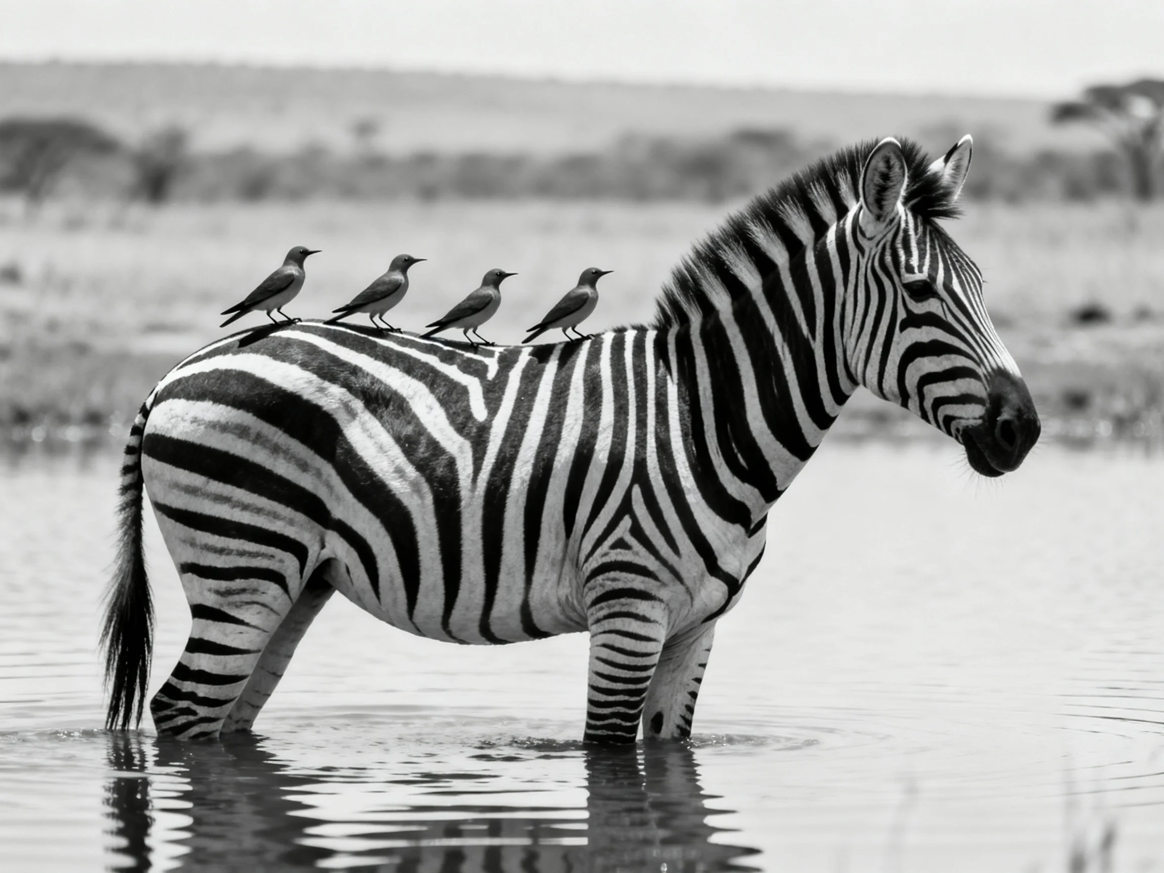 Four birds rest on a striped zebra in shallow water