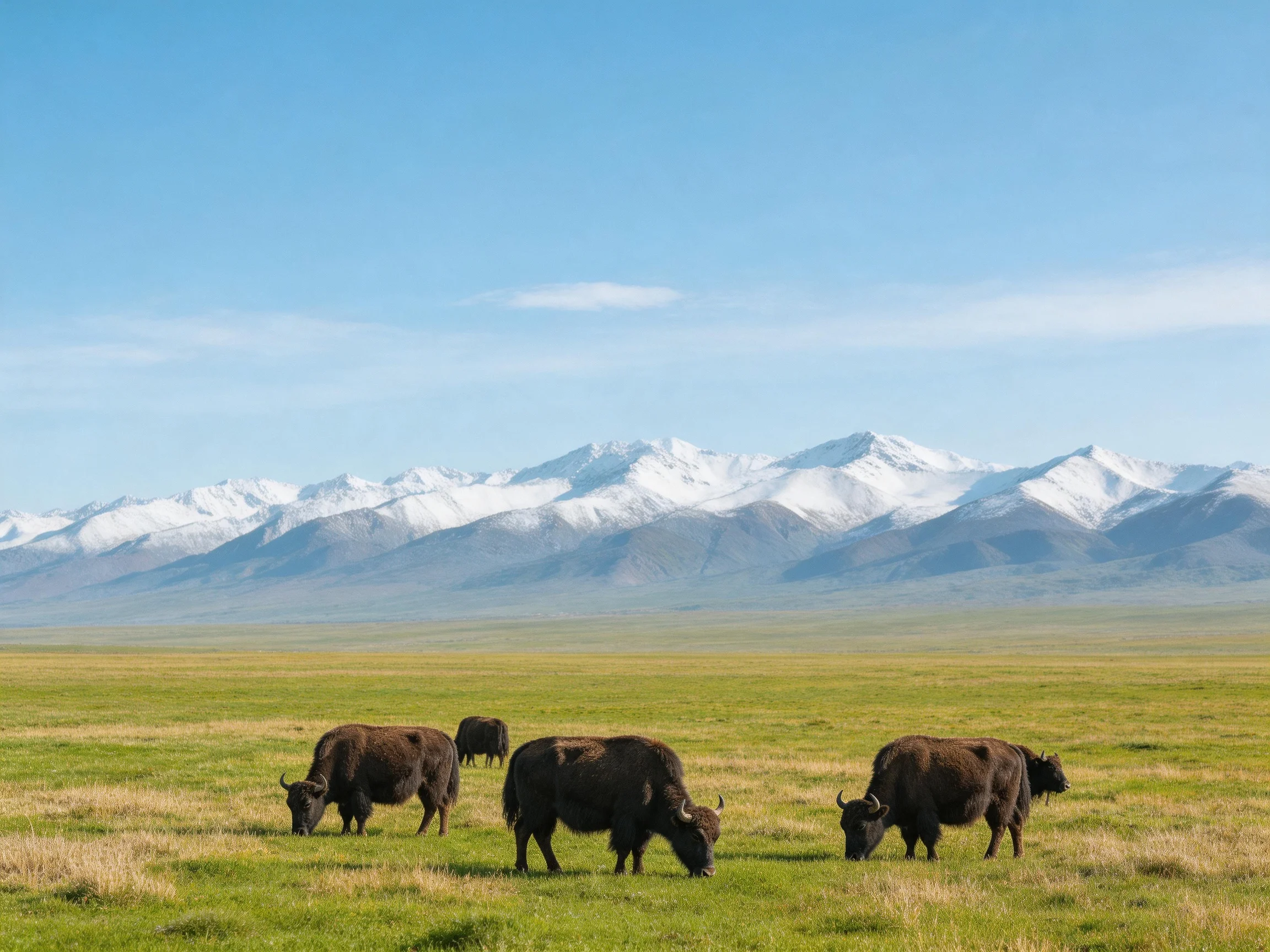 Four bison graze in a meadow with snow-capped mountains