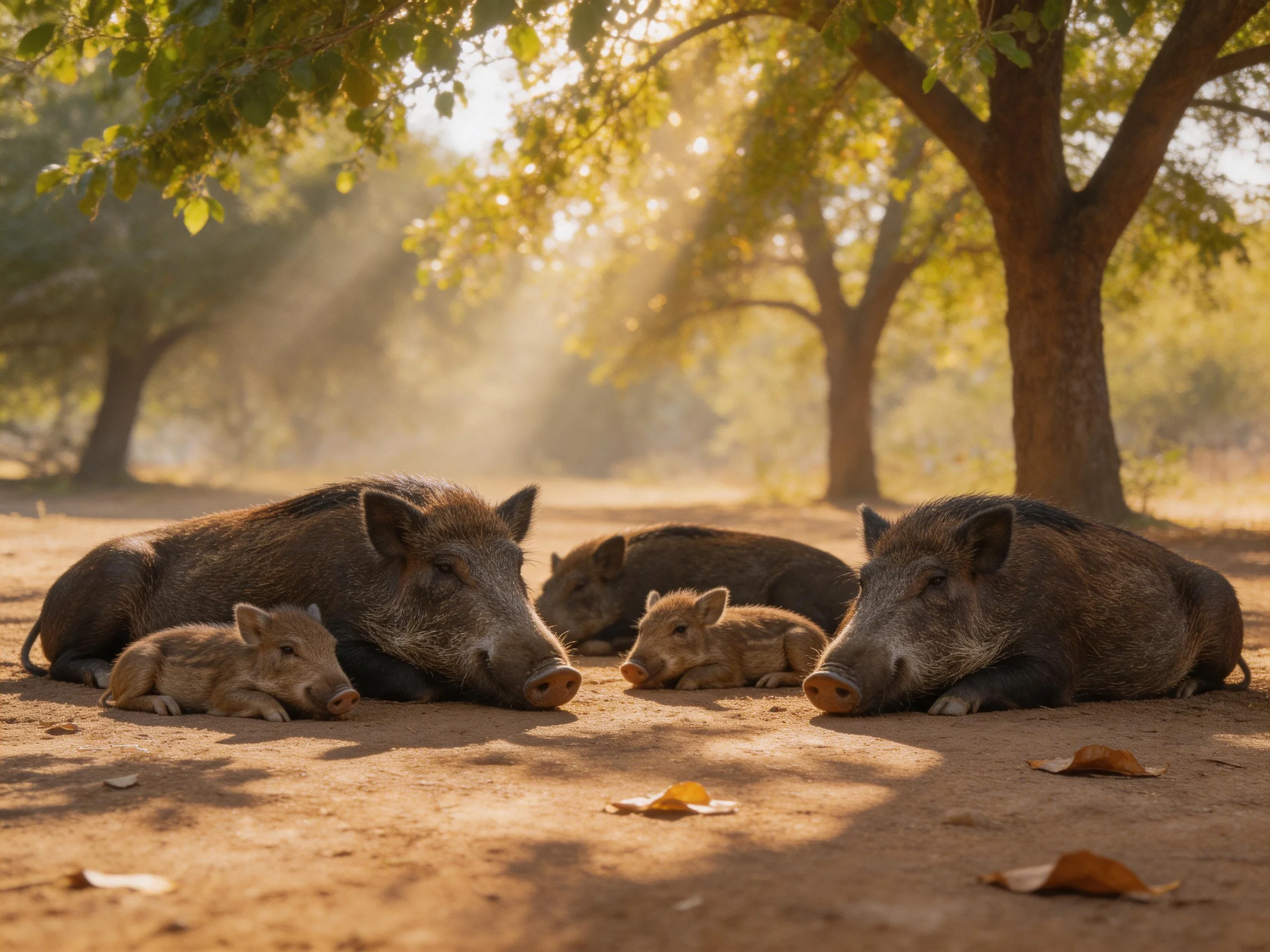 Four boars rest under golden sunlight near leafy trees