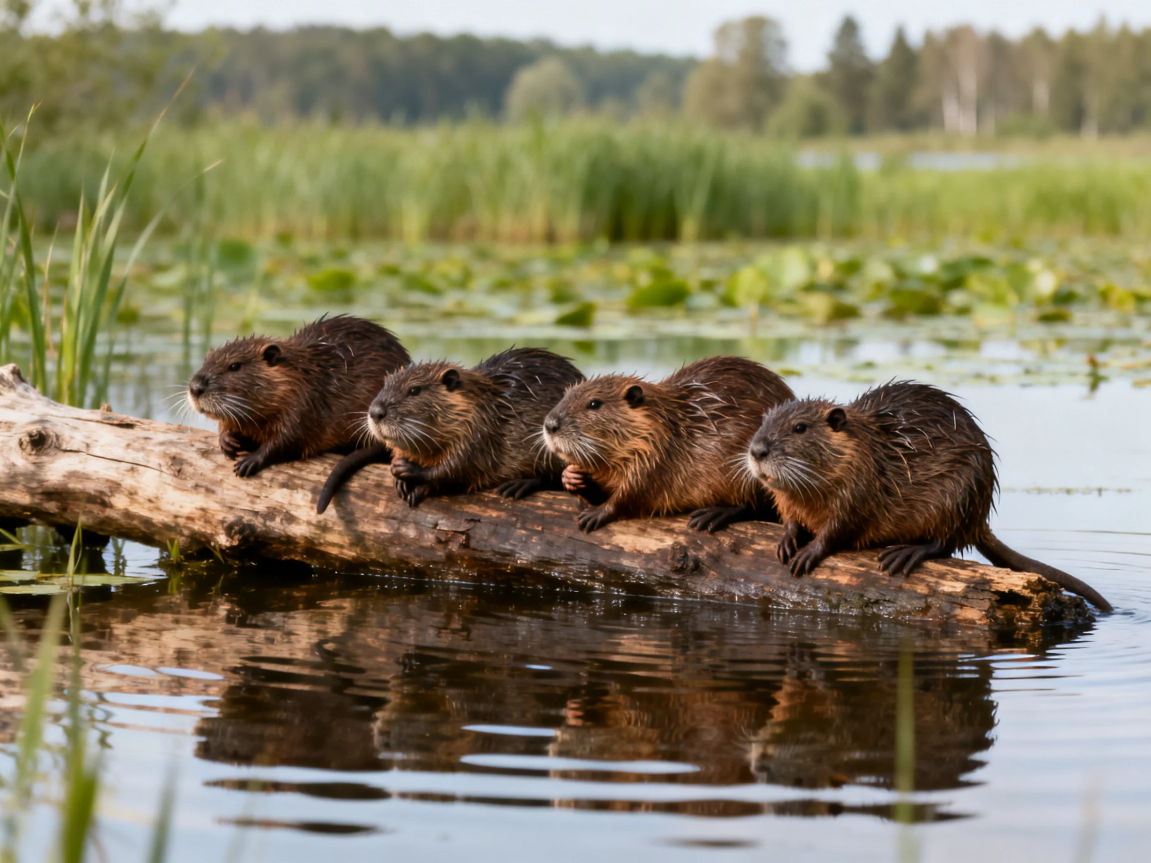 Four brown aquatic rodents rest on a weathered log in calm waters