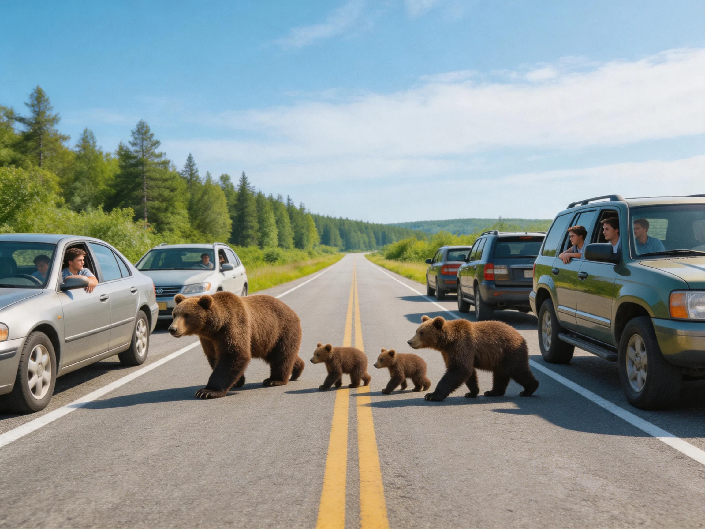 Four brown bears cross a sunny two - lane highway with parked cars