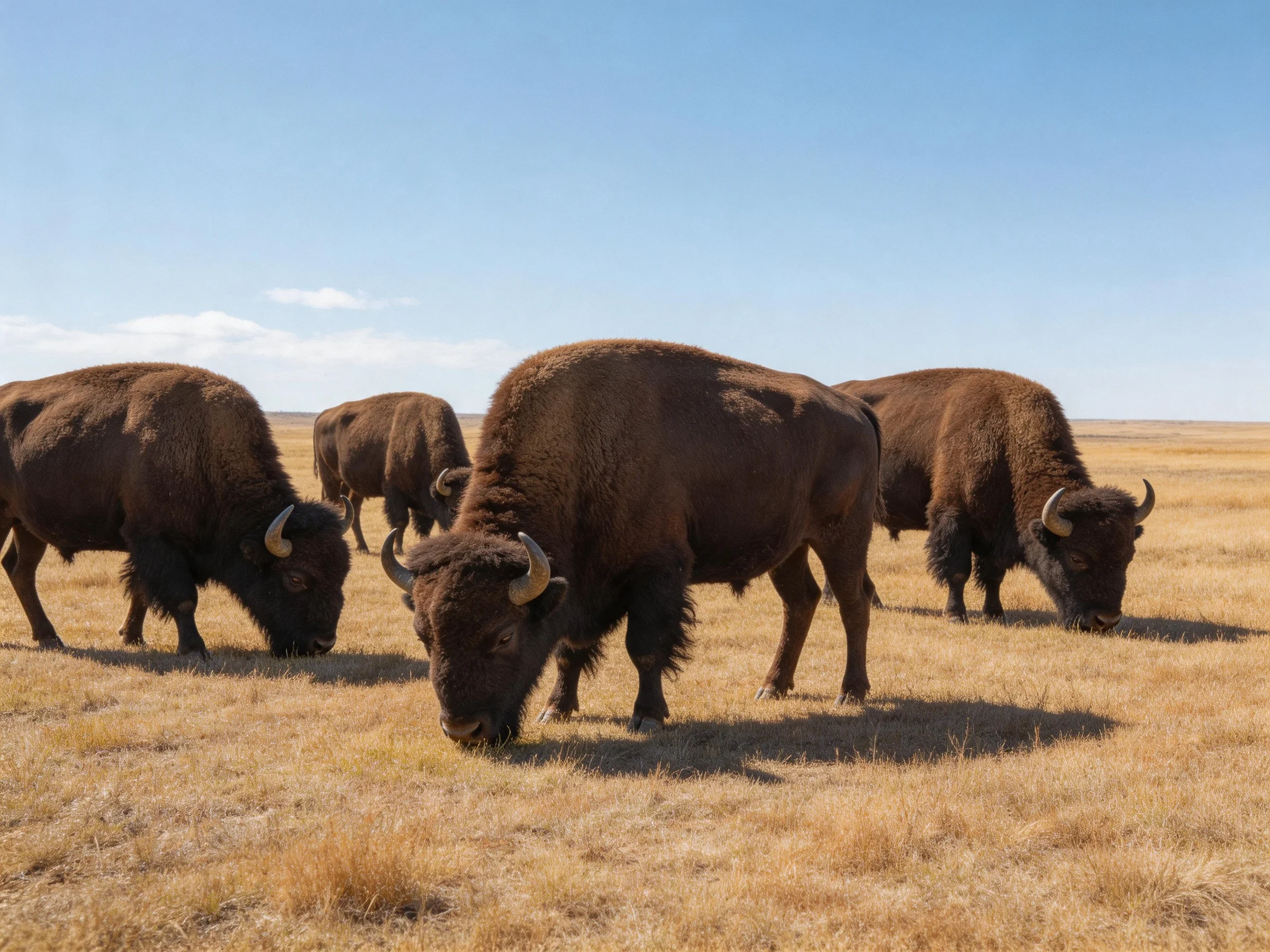 Four brown bison graze in an expansive golden field under a clear blue sky