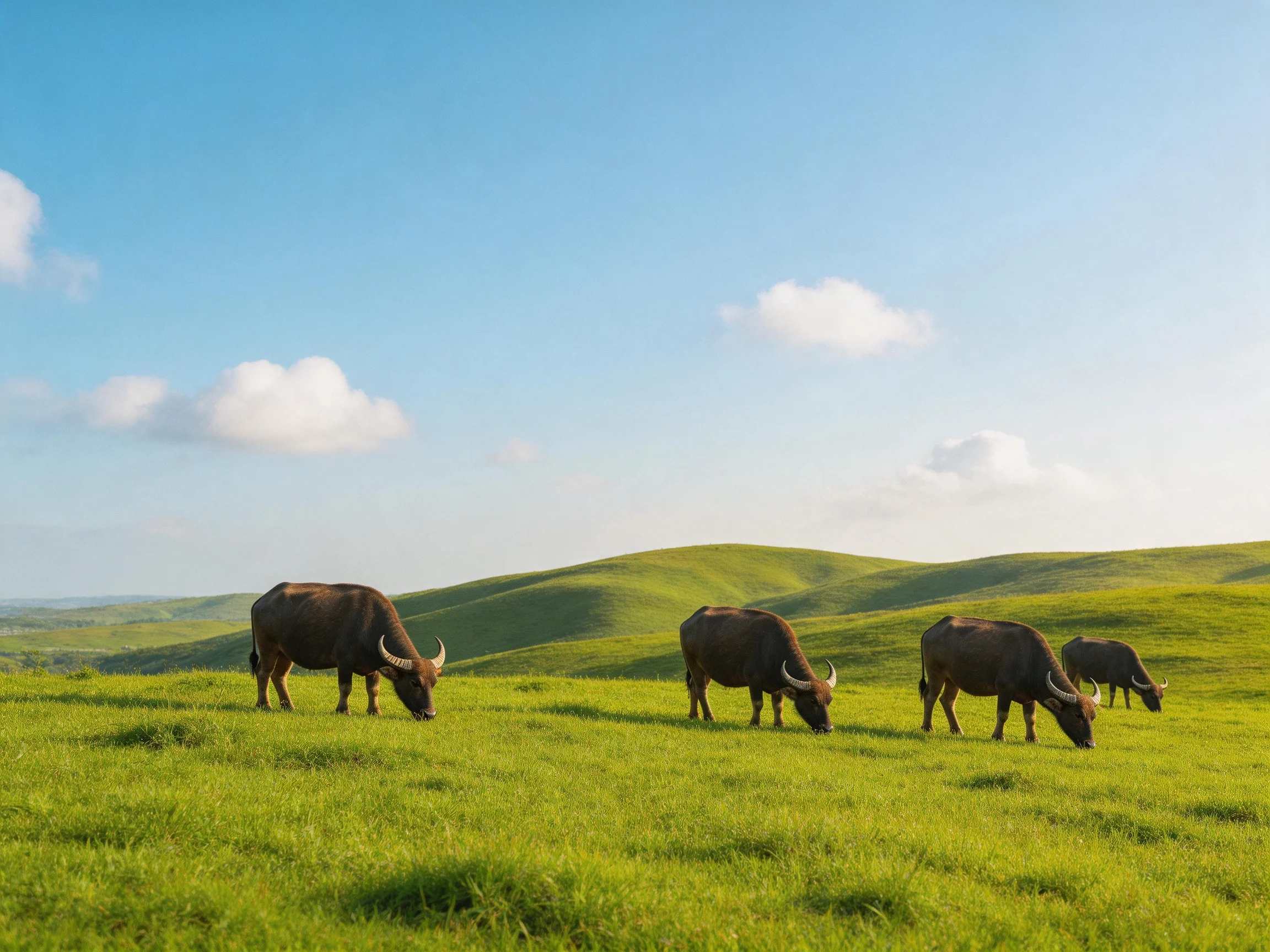 Four brown buffaloes graze on lush green rolling hills under bright blue sky