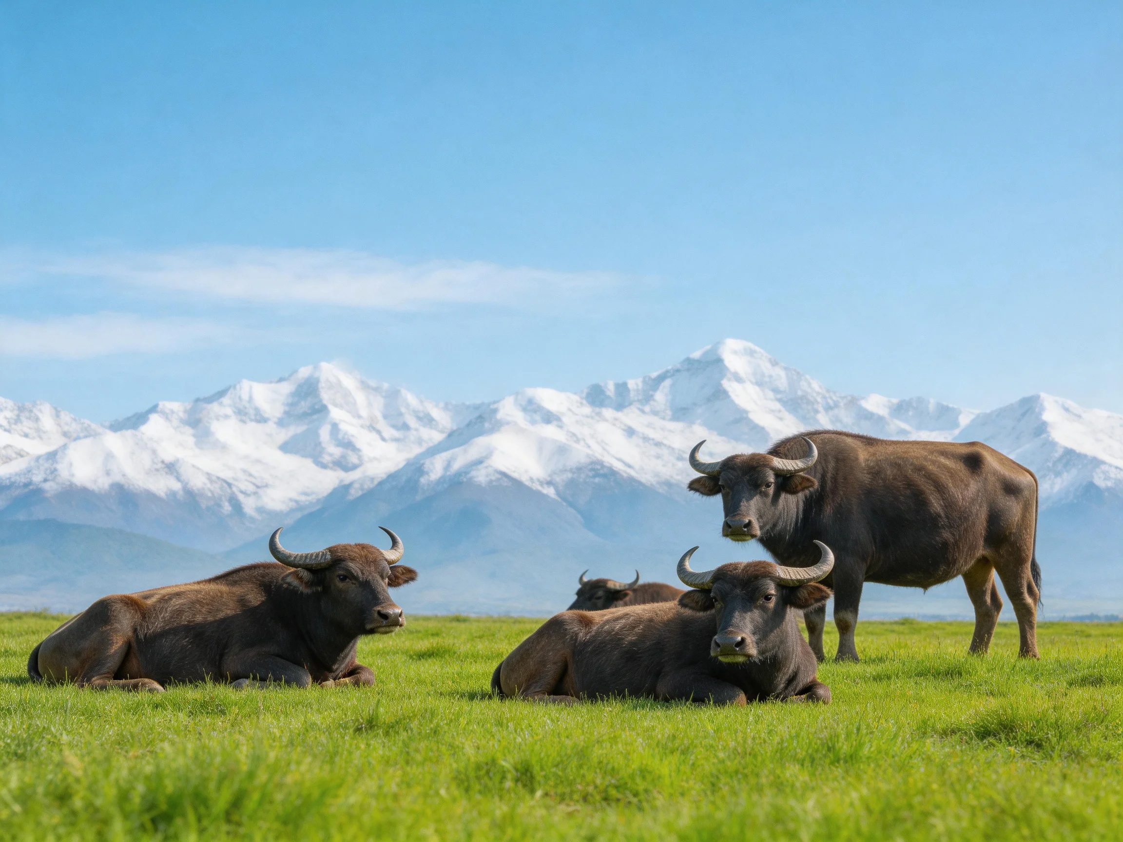 Brown buffaloes relax in a green meadow with snowy mountains behind