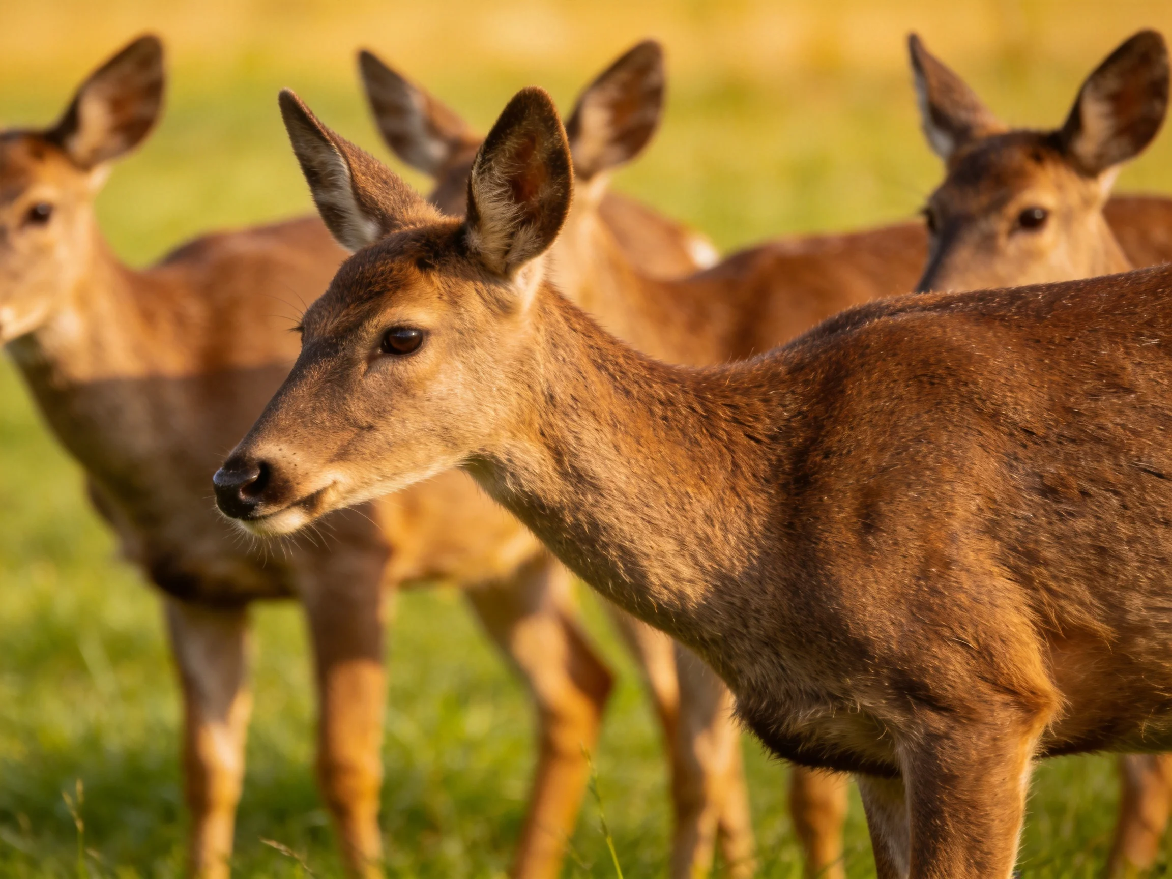 Four brown deer gather in a sunlit grassy meadow