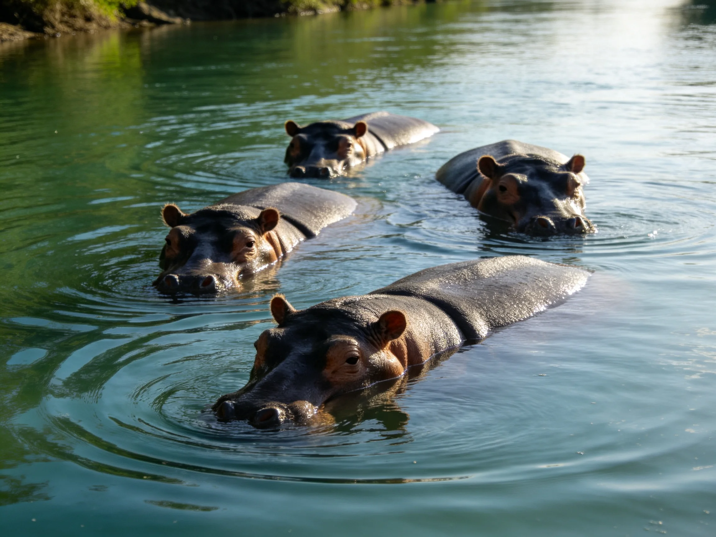Four brown hippos swim in calm green water near rocks
