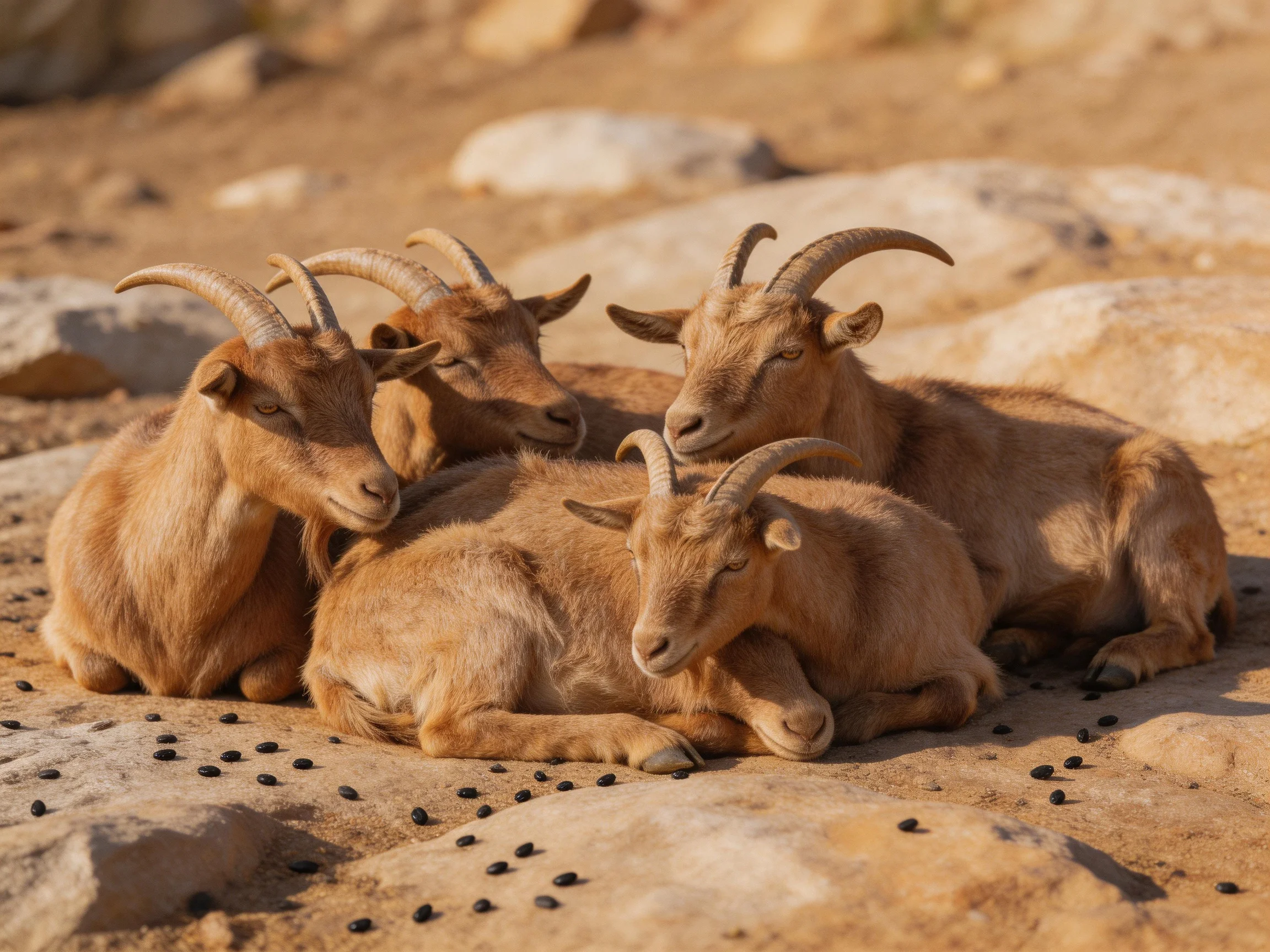 Four brown horned goats rest on rocky terrain