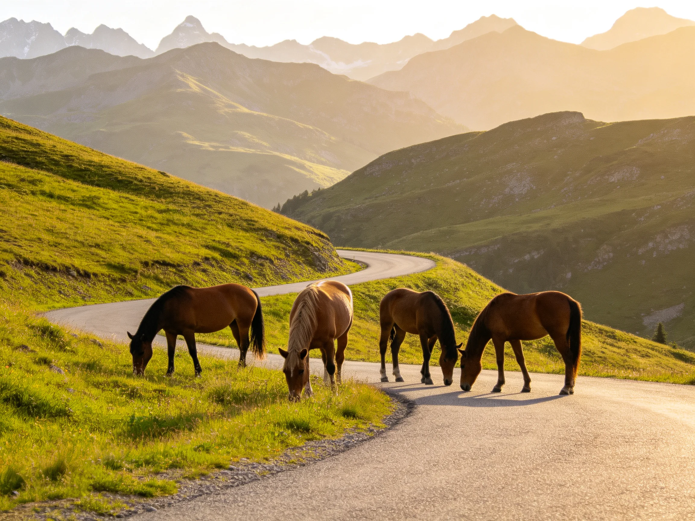 Four brown horses graze near a winding mountain road