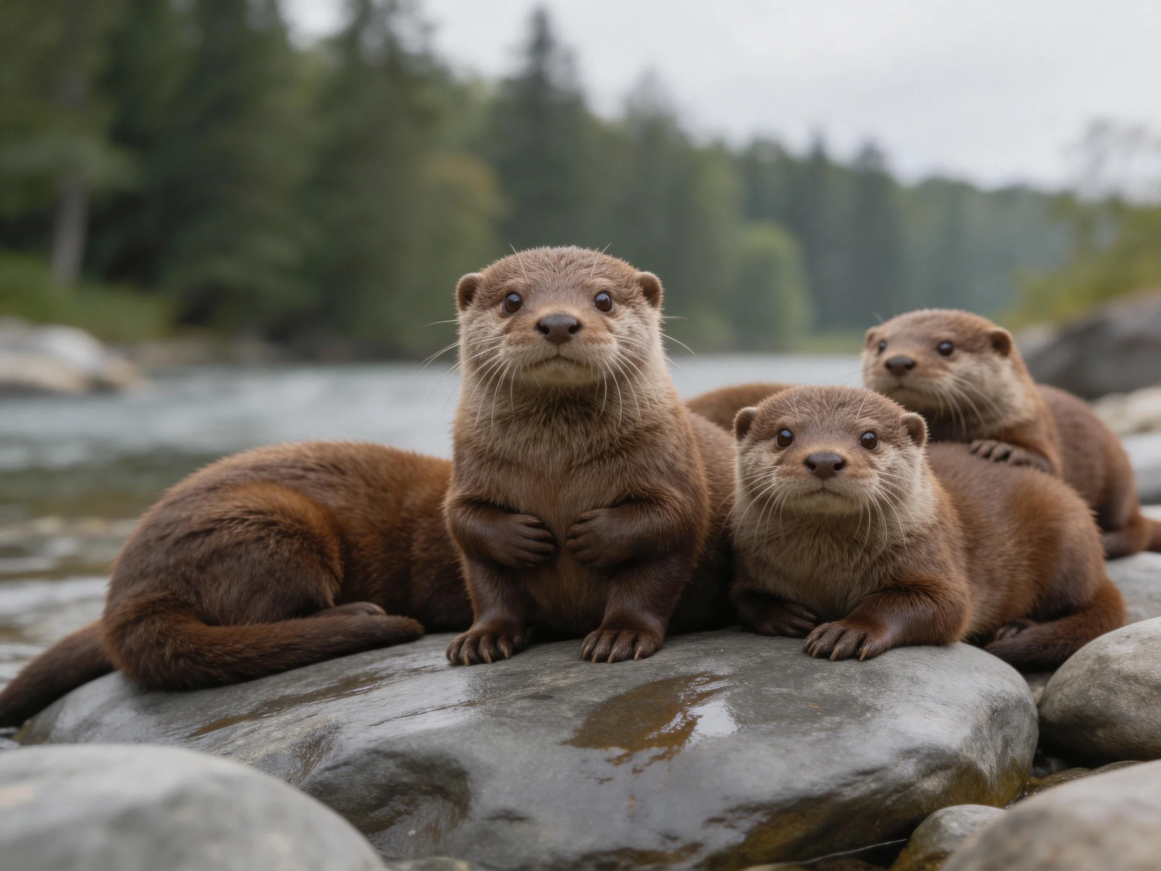 Four brown otters rest together on smooth river rocks
