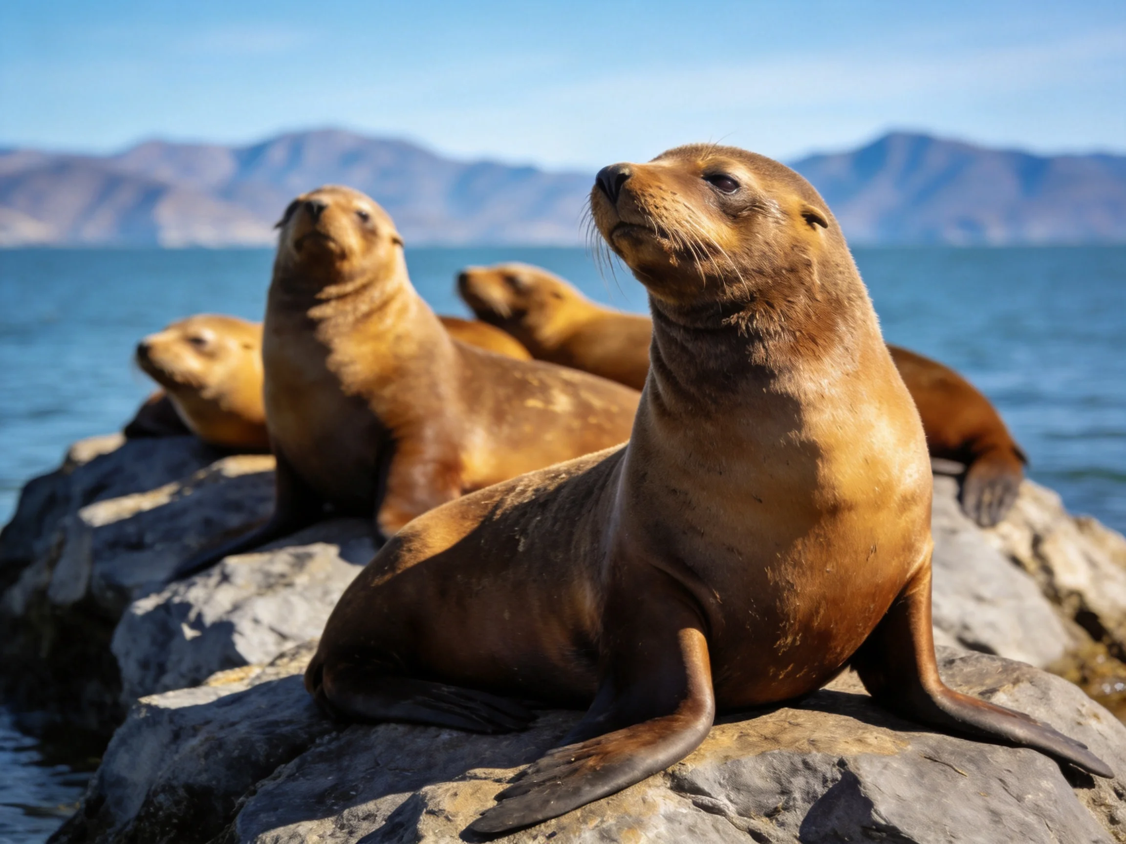 Four brown sea lions rest on rocky outcrop near blue waters