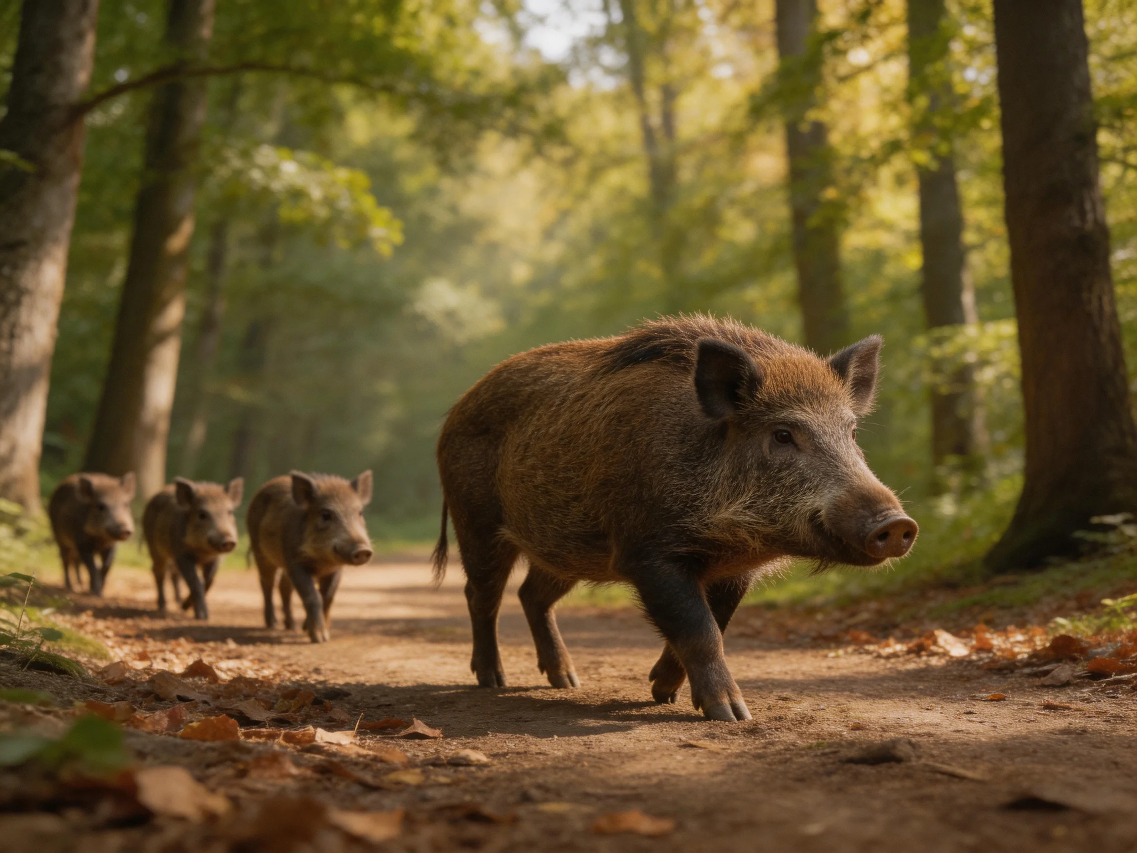 Four brown wild boars traverse a sun-dappled forest path