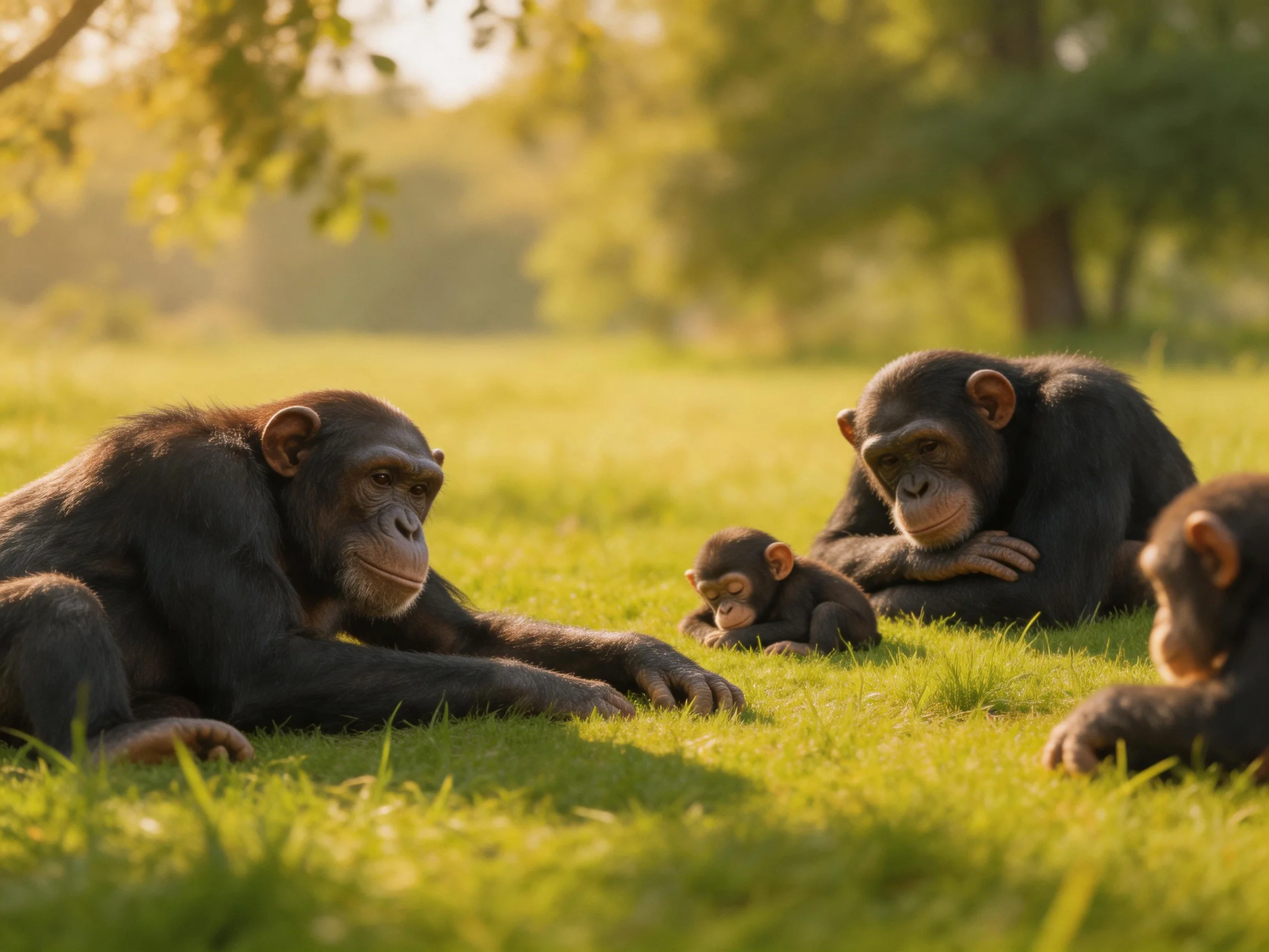 Four chimpanzees relax together grass in a sunlit outdoor meadow.