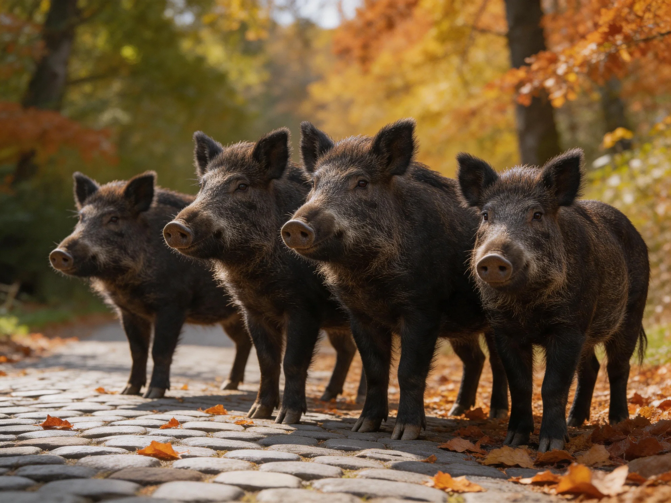 Four dark boars stand on a cobblestone path amid golden autumn trees