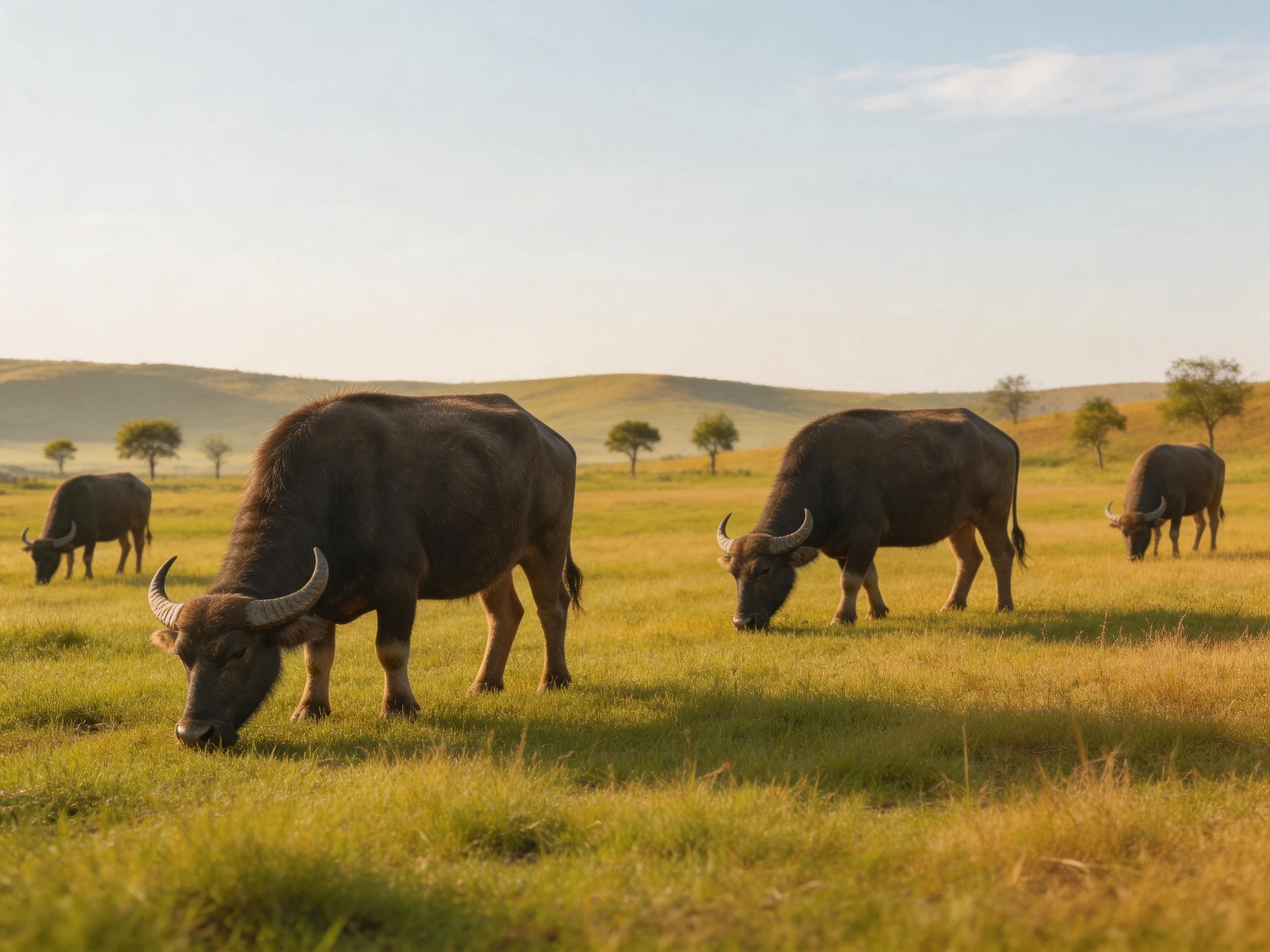 Four buffaloes graze in a sunlit open field with rolling hills.