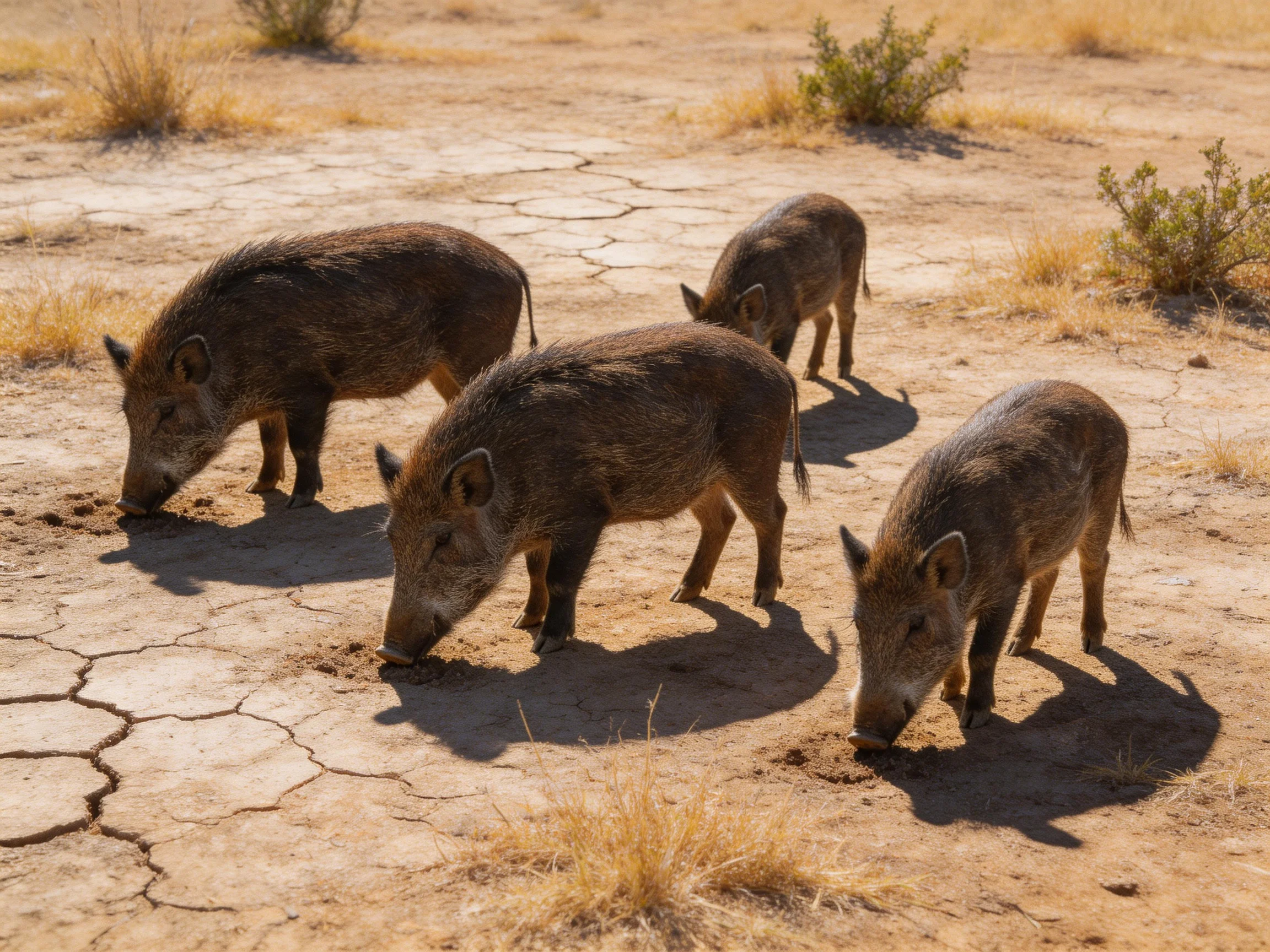 Four dark brown wild boars foraging on parched, cracked earth