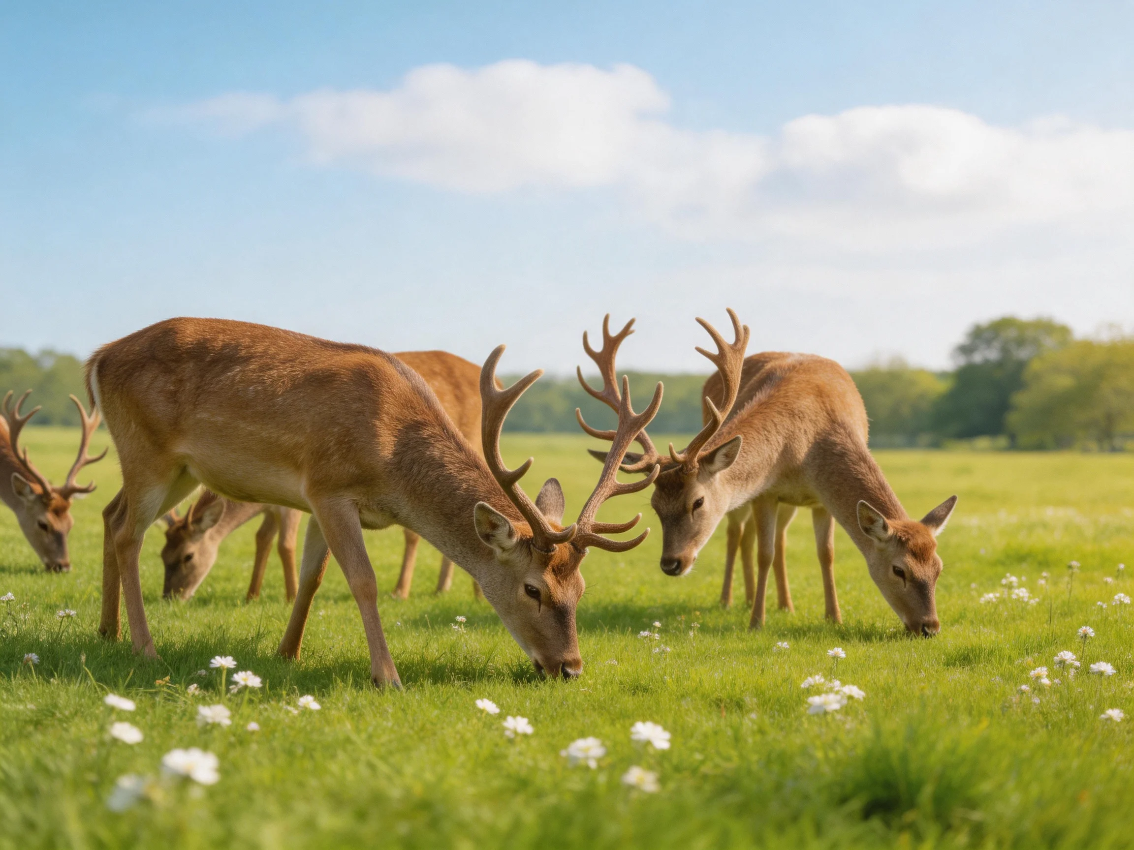 Four deer graze peacefully in a sunny meadow filled with wildflowers.