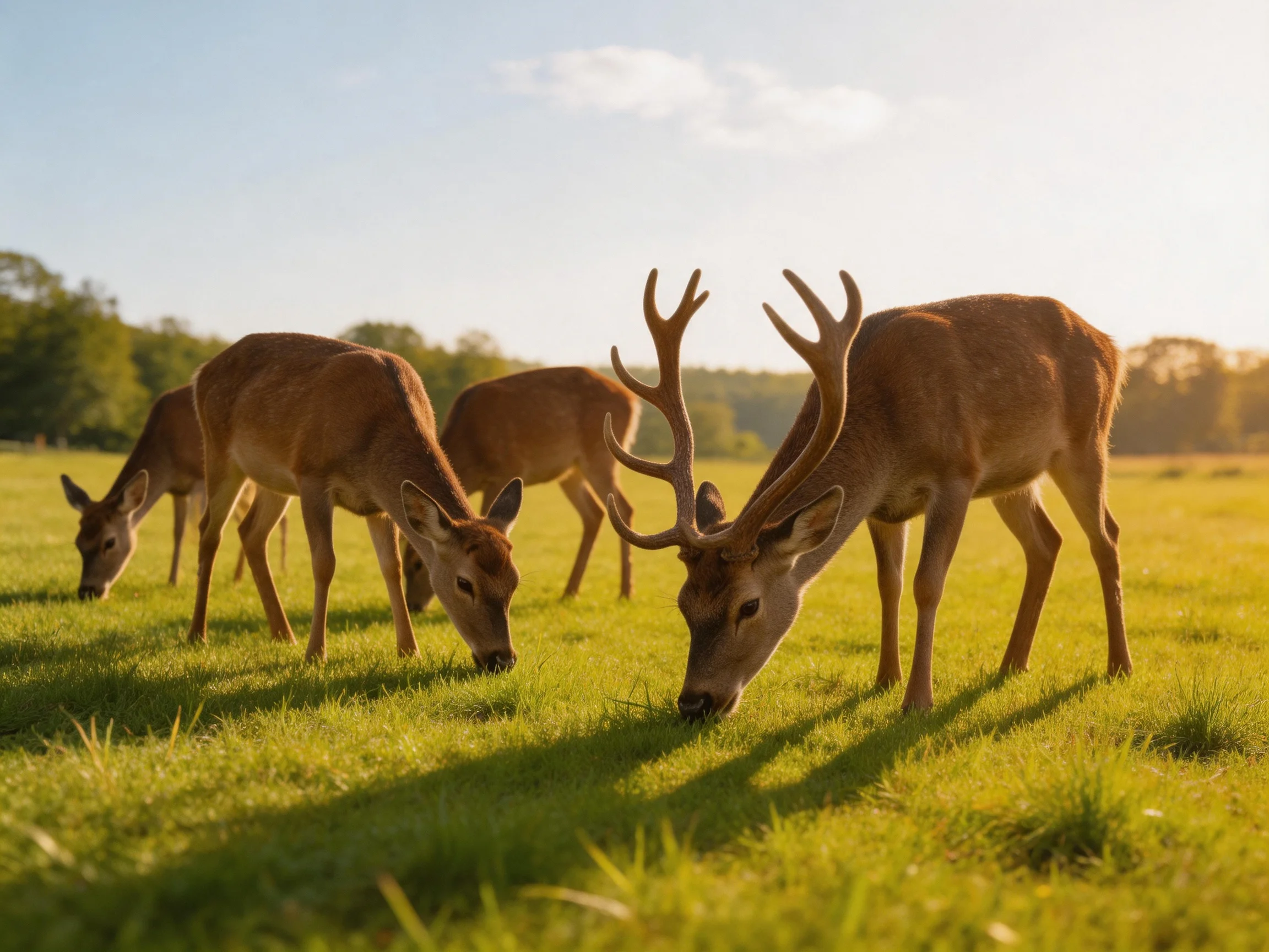 Four deer graze in a sunlit green meadow, one with antlers