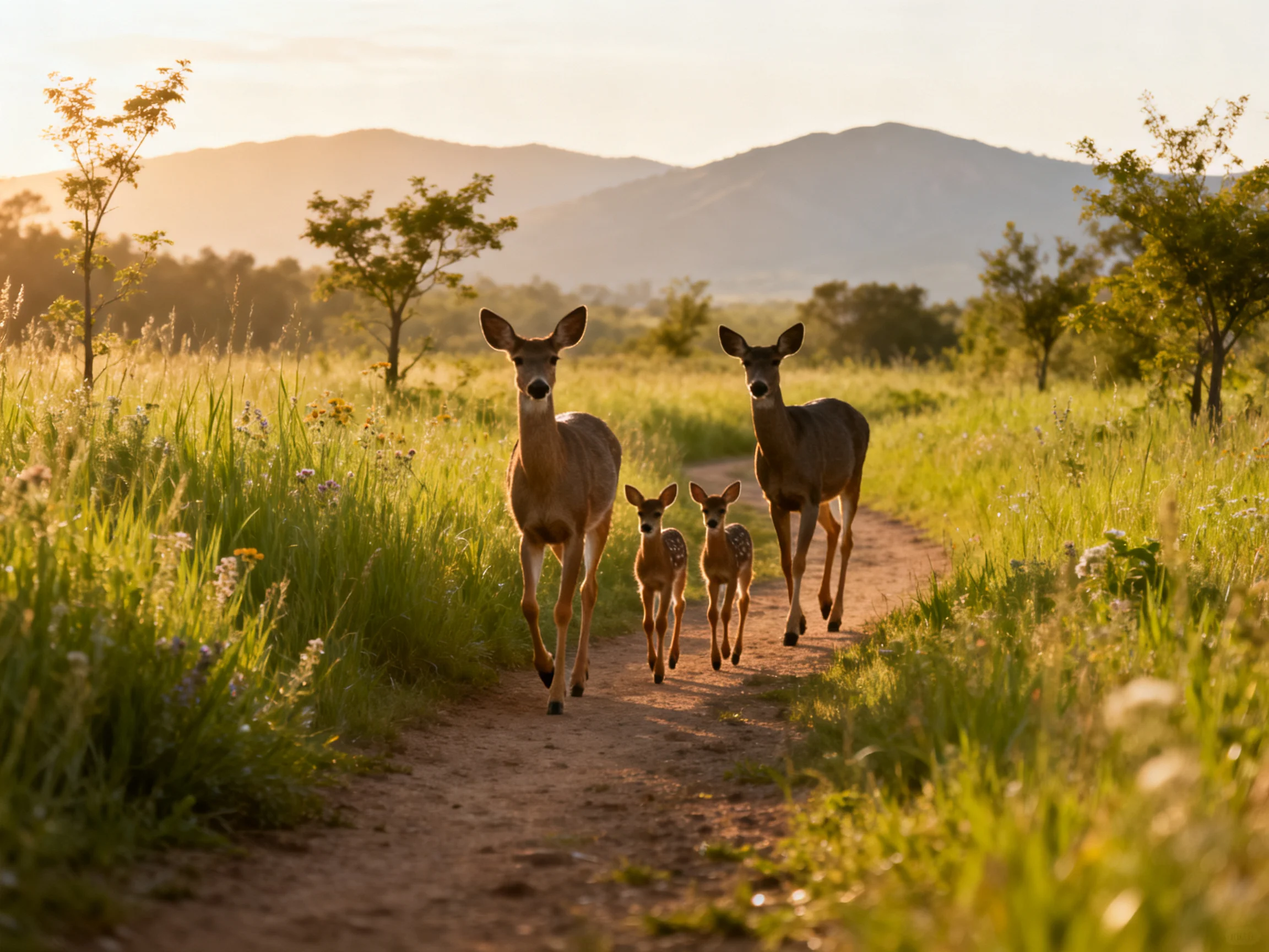 Four deer—including two fawns—traverse a sunlit dirt path near green fields