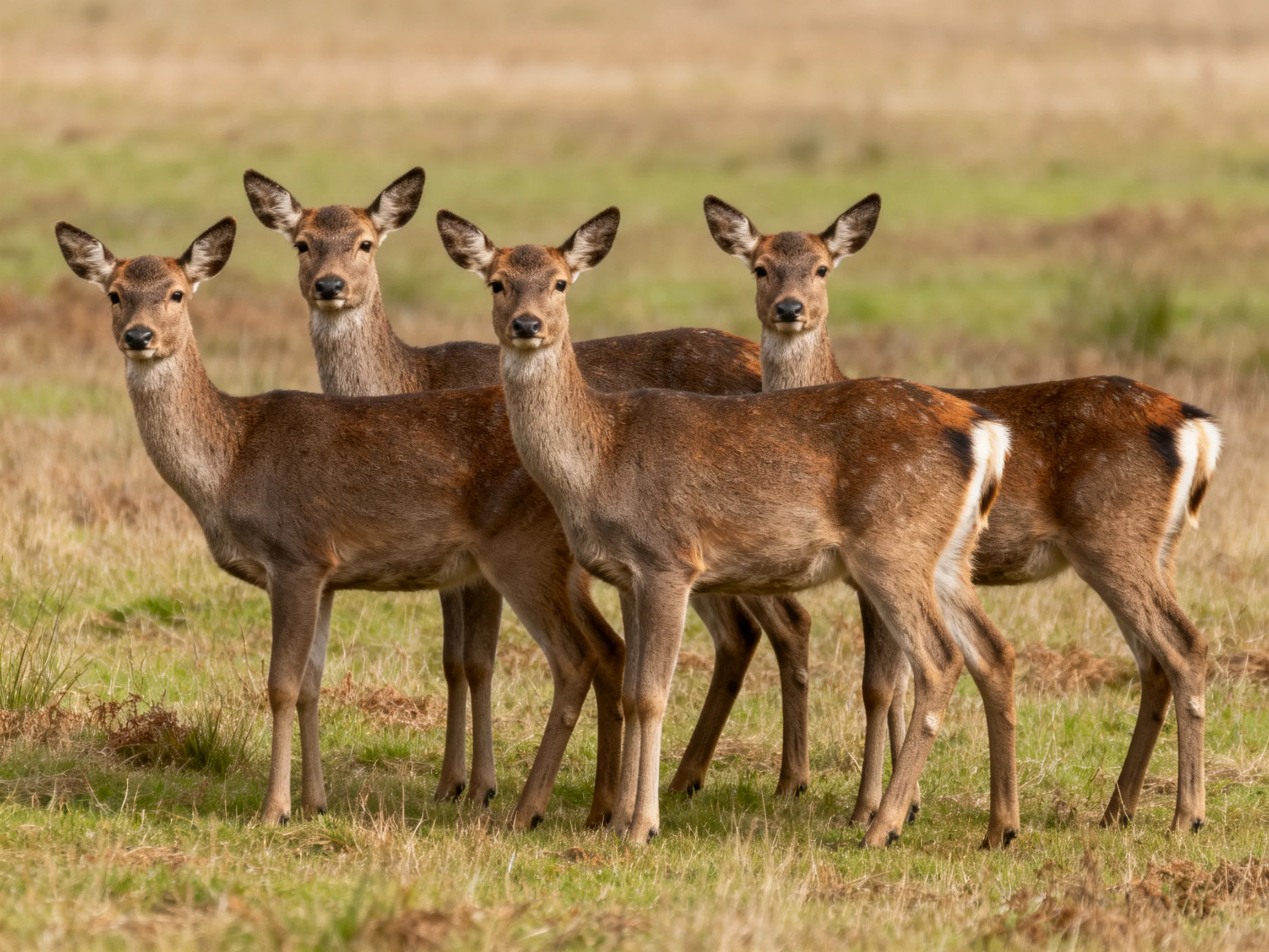 Four deer with brown coats gather in a sunlit grassy meadow