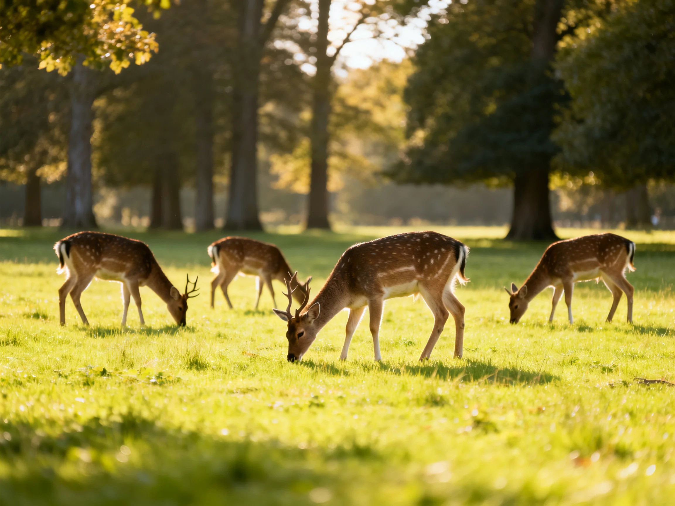 Four deer with brown spots graze in a sunlit green meadow near tall trees