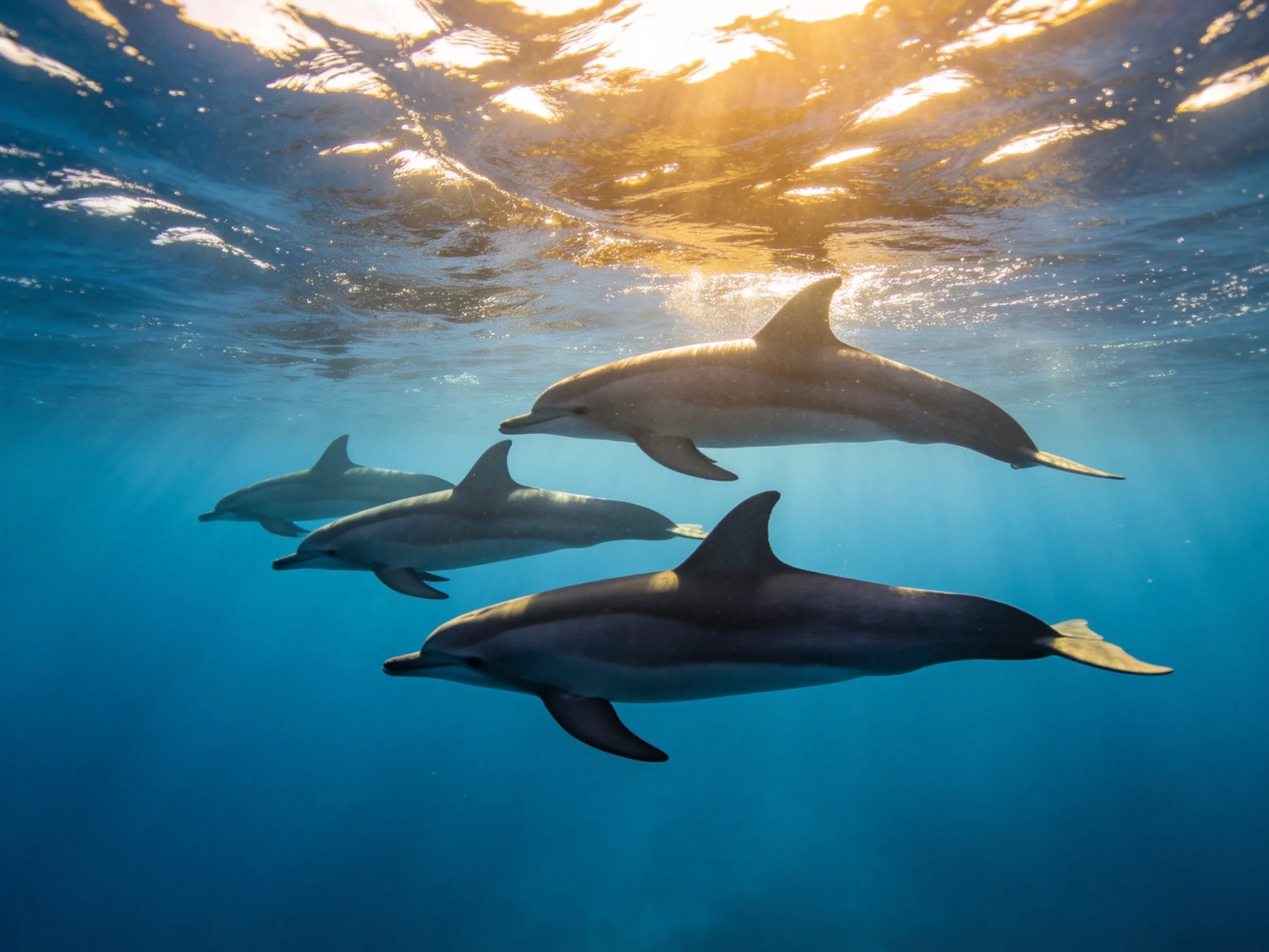 Four dolphins swim in clear blue waters under golden sunlight