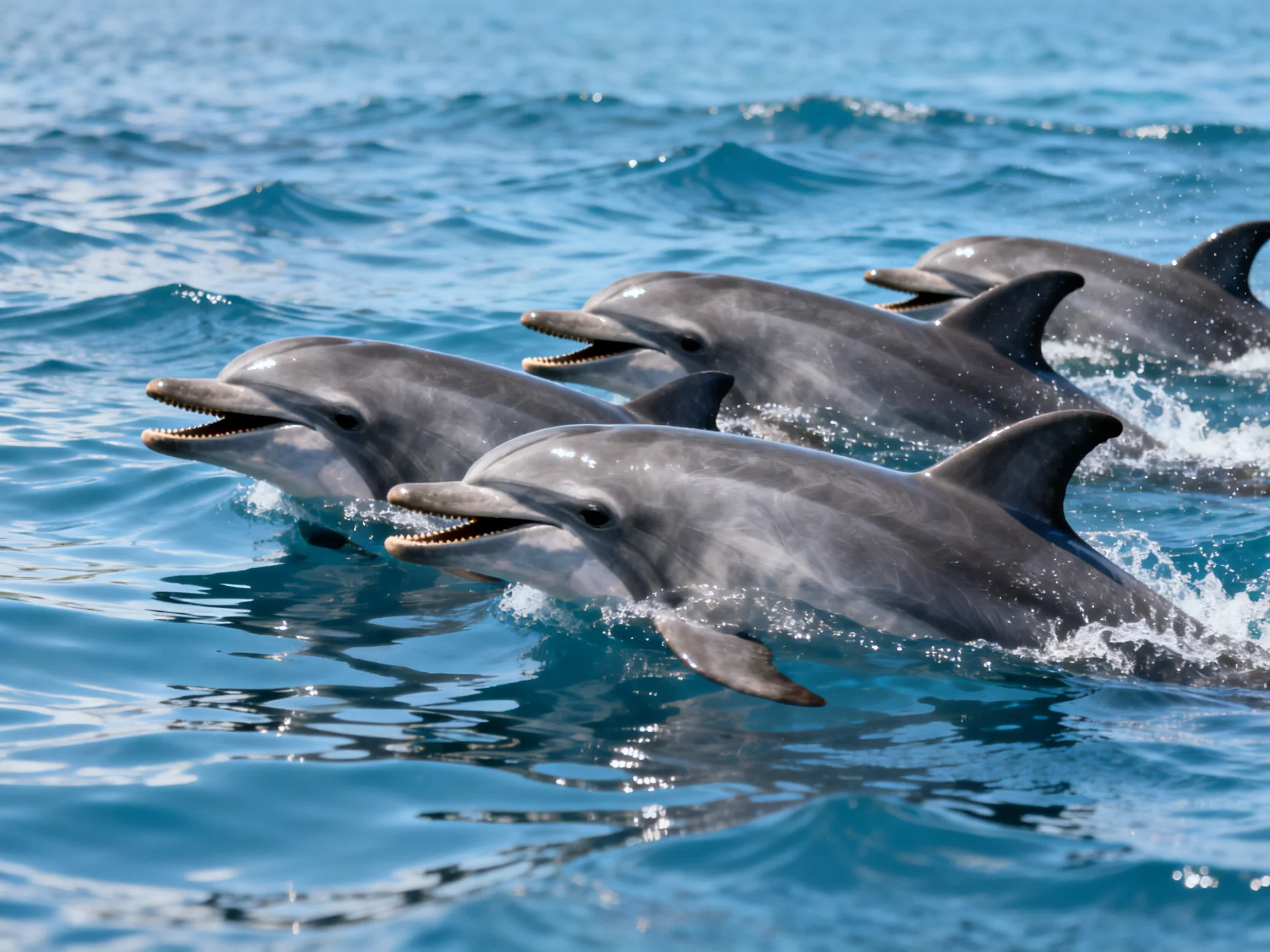 Four dolphins swim in shimmering blue ocean water