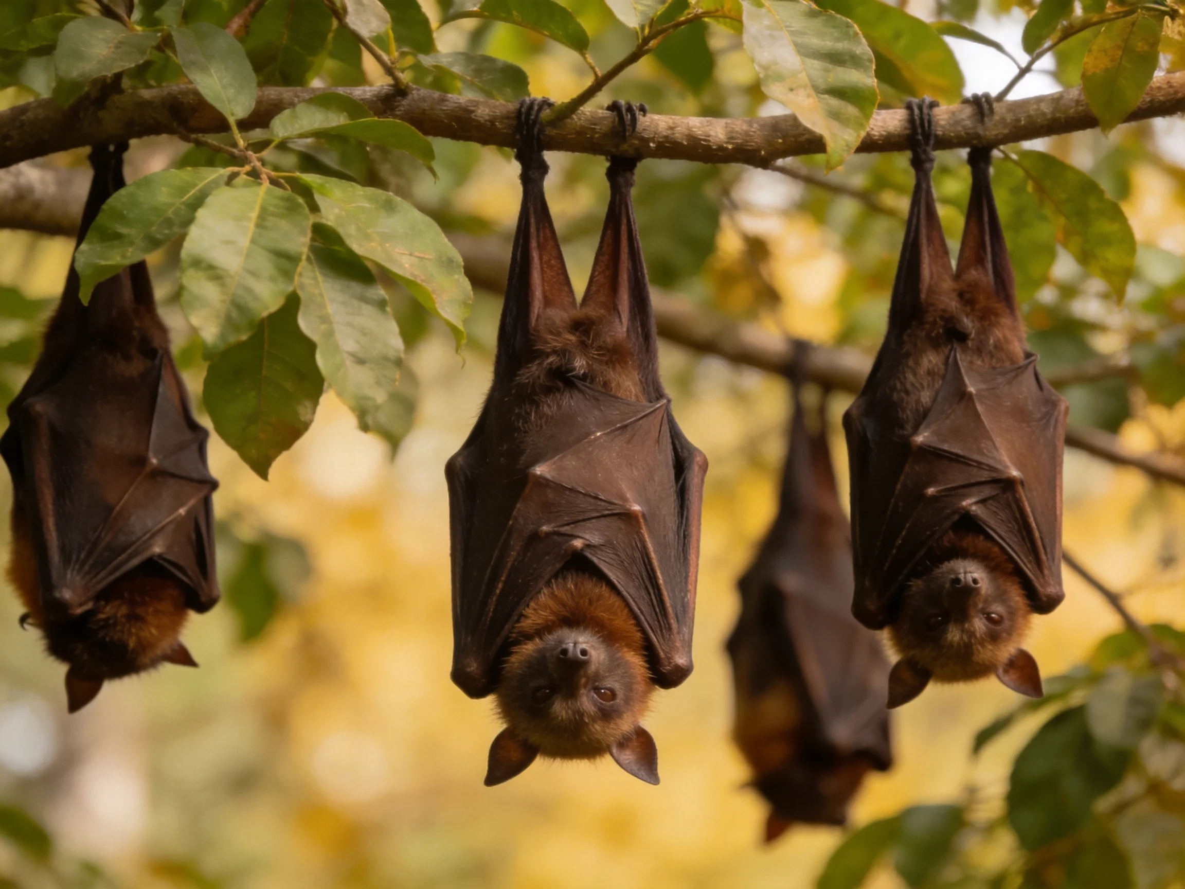 Four fruit bats rest upside down on a tree branch amid lush foliage.